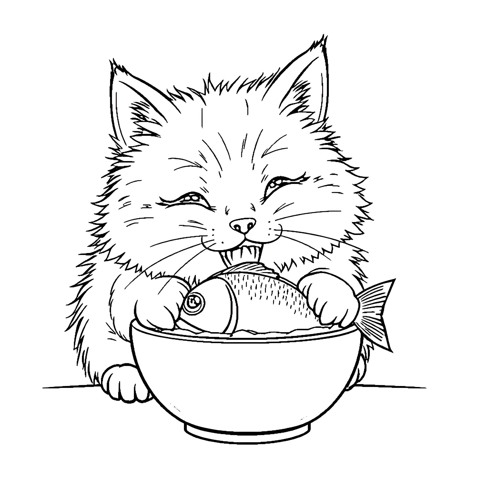 Cat enjoying a tasty fish in a bowl Coloring Page (free black-and-white line drawing printable PDF for all, from beginners to advanced learners, including children, teens, adults, and seniors)