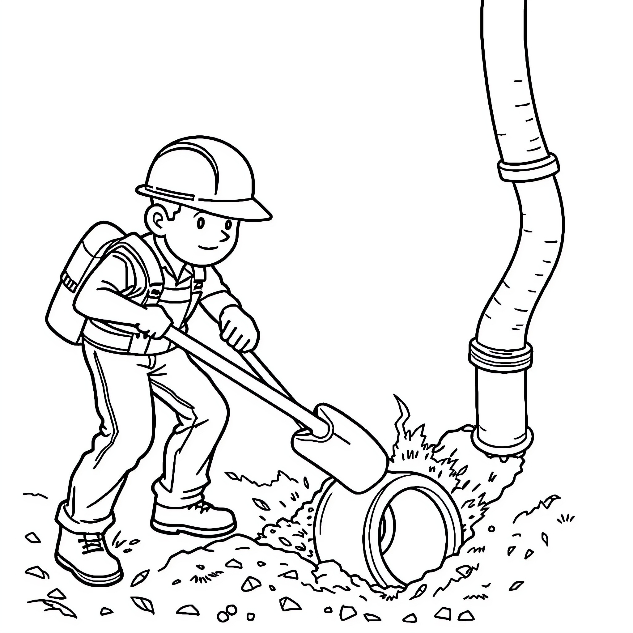 Construction Worker Digging with Shovel Coloring Page (free black-and-white line drawing printable PDF for all, from beginners to advanced learners, including children, teens, adults, and seniors)