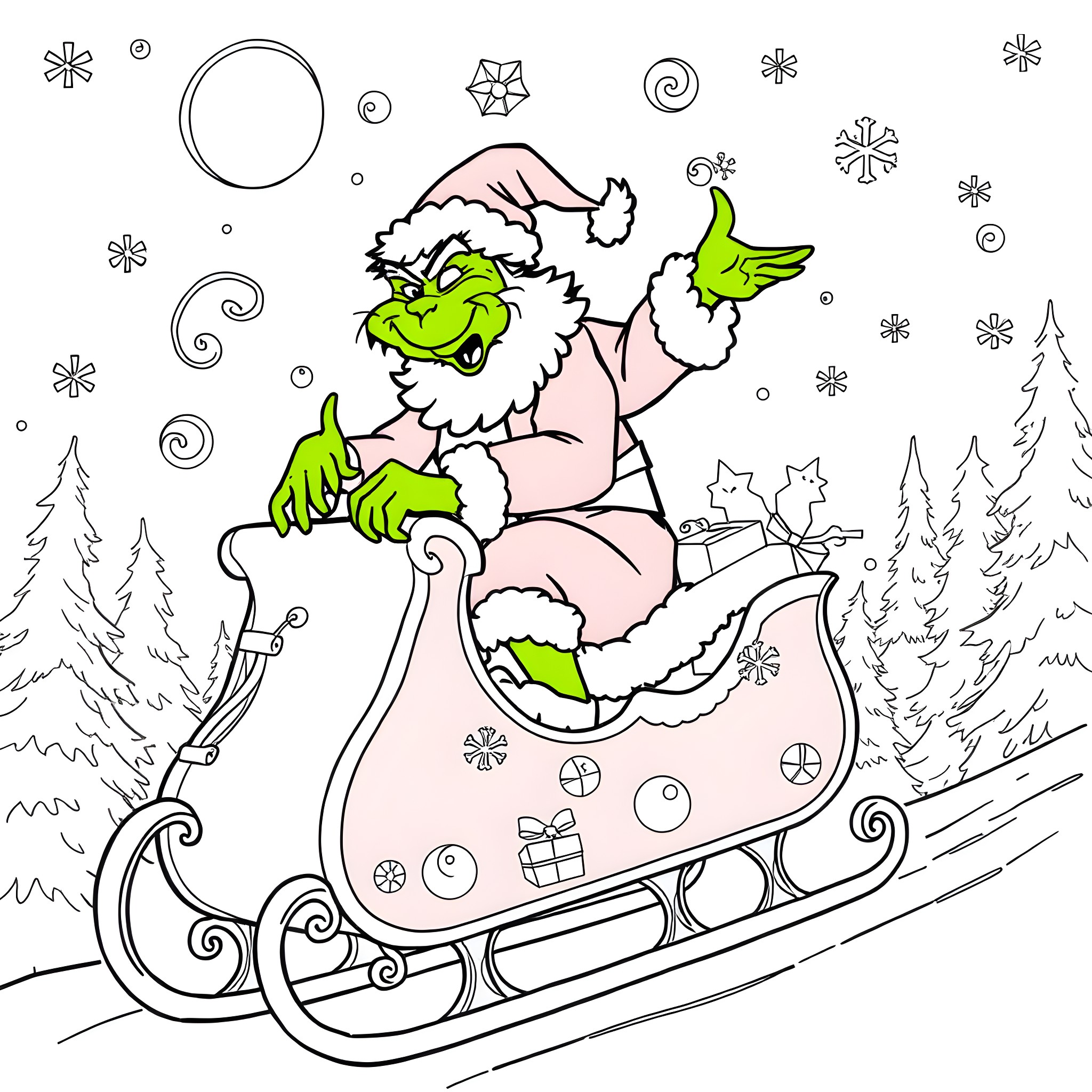 Santa riding a sleigh through a snowy landscape Coloring Page (free black-and-white line drawing printable PDF for all, from beginners to advanced learners, including children, teens, adults, and seniors)