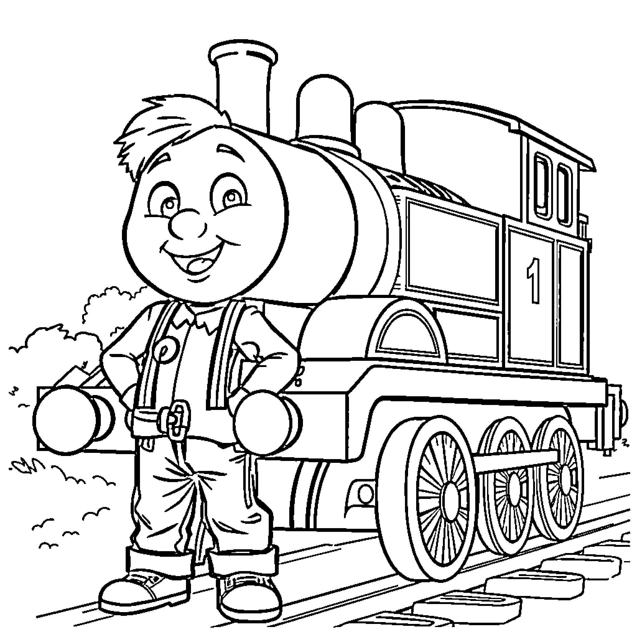 Toddler riding happy steam train Coloring Page (free black-and-white line drawing printable PDF for all, from beginners to advanced learners, including children, teens, adults, and seniors)