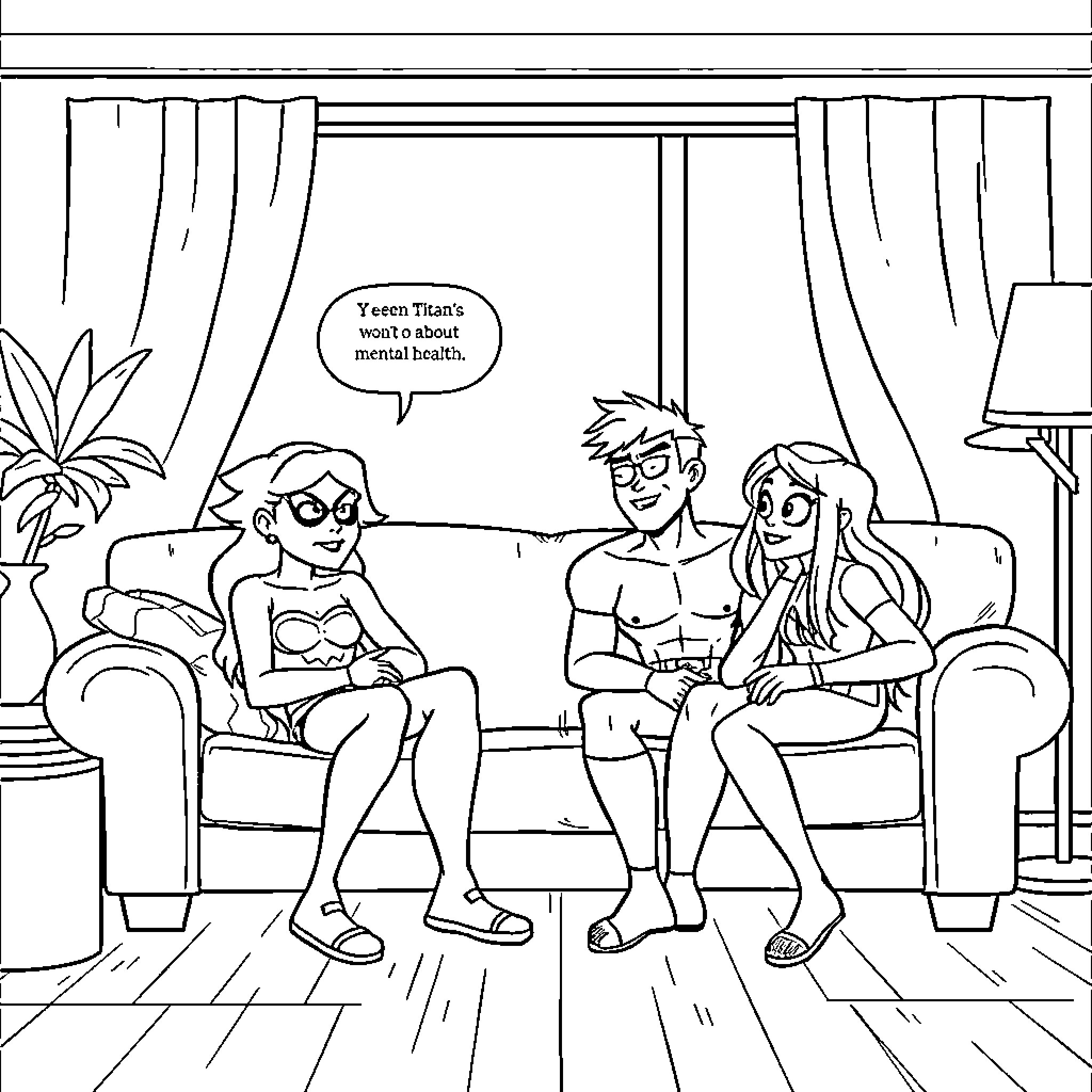 Teen Titans' Casual Hangout at Home Coloring Page (free black-and-white line drawing printable PDF for all, from beginners to advanced learners, including children, teens, adults, and seniors)