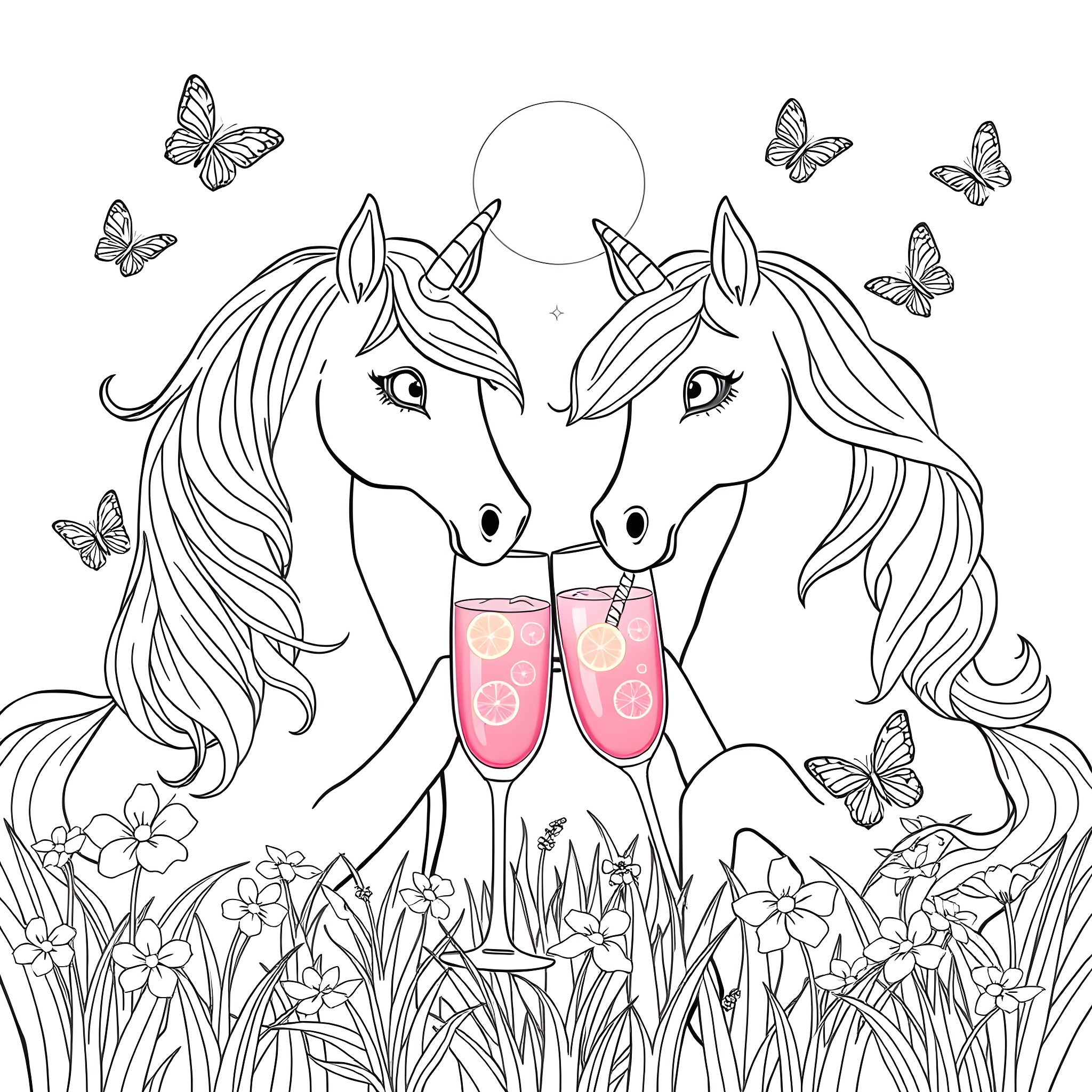 Unicorn Celebration with Butterflies and Flowers Coloring Page (free black-and-white line drawing printable PDF for all, from beginners to advanced learners, including children, teens, adults, and seniors)