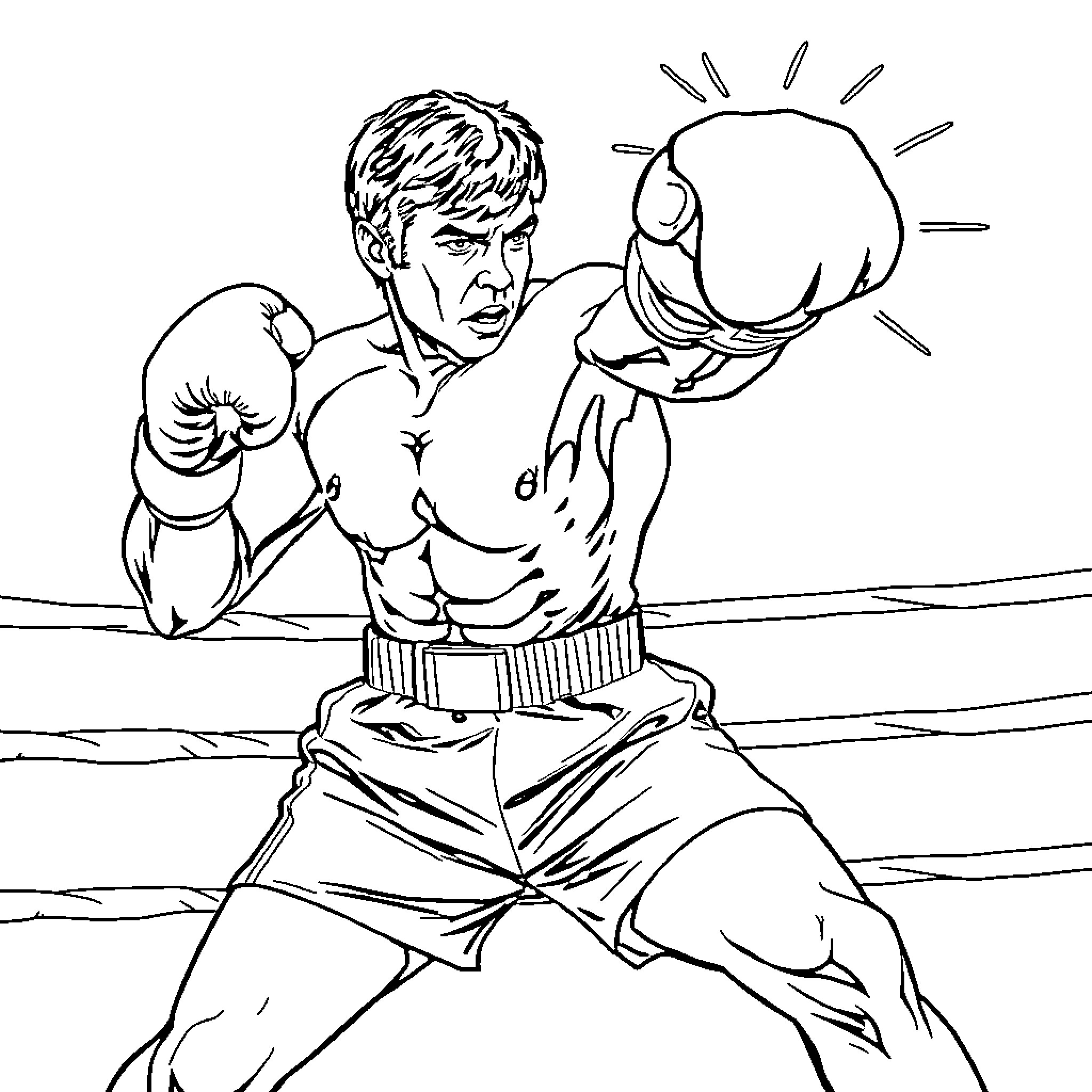 Rocky's Powerful Boxer Pose Coloring Page (free black-and-white line drawing printable PDF for all, from beginners to advanced learners, including children, teens, adults, and seniors)