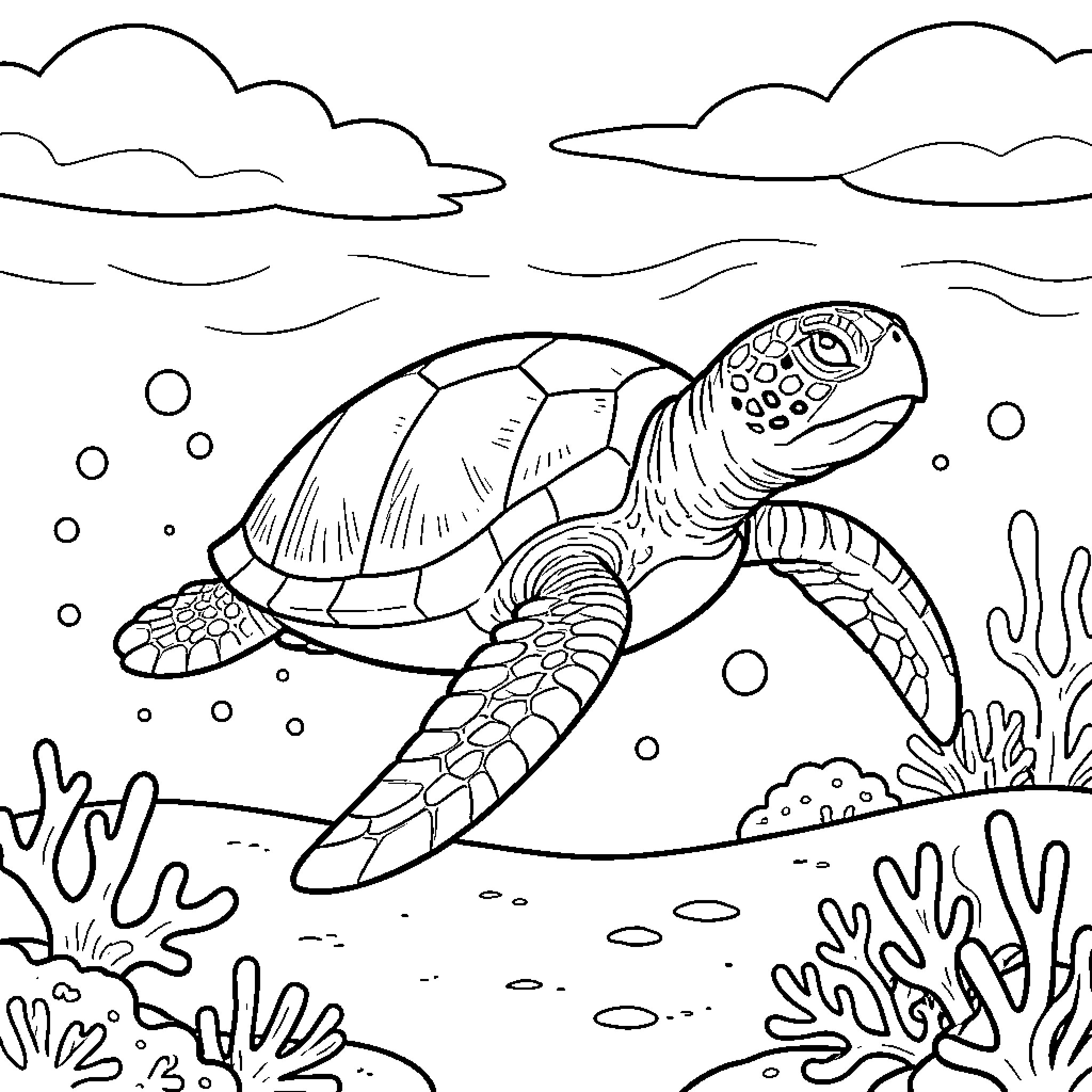 Sea Turtle swimming gracefully through the ocean coral reef Coloring Page (free black-and-white line drawing printable PDF for all, from beginners to advanced learners, including children, teens, adults, and seniors)