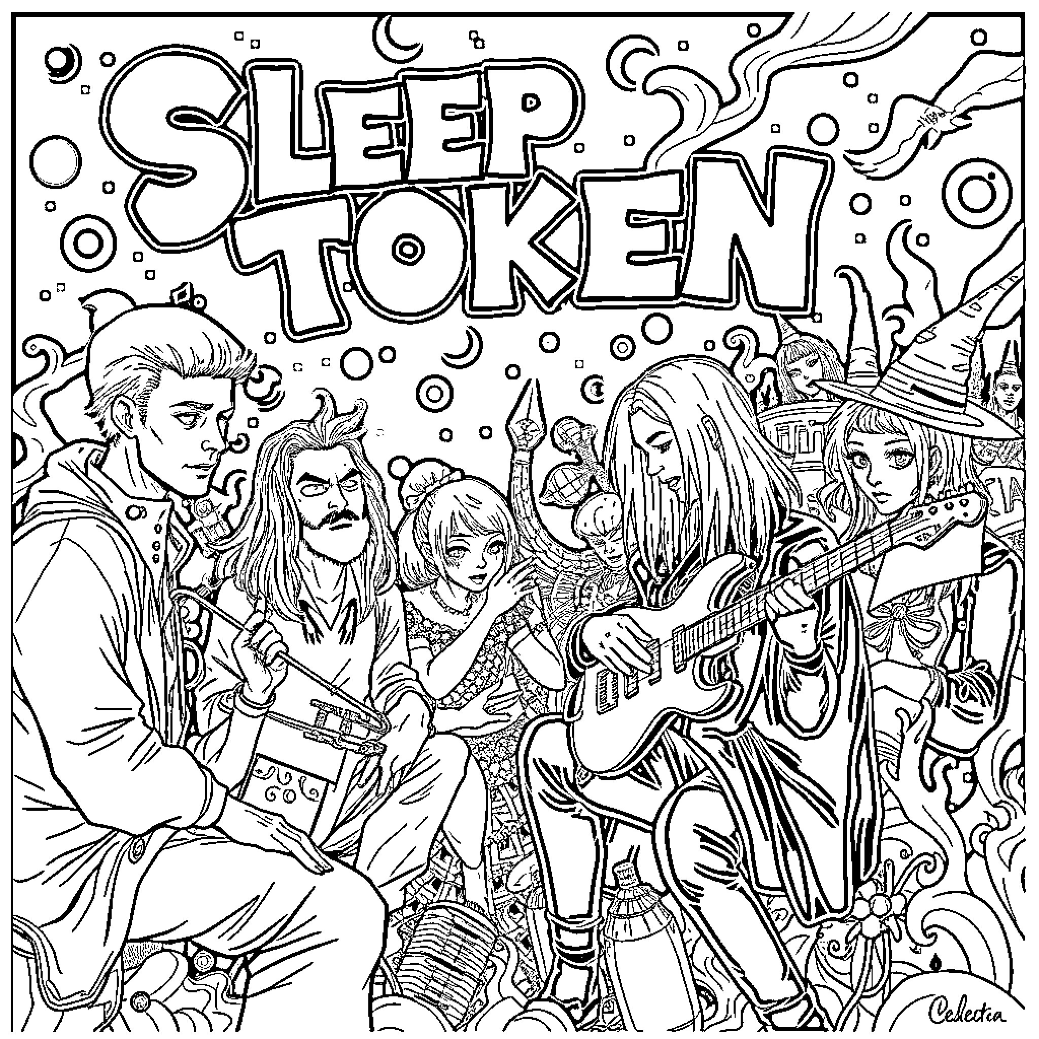 Sleep Token: A Whimsical Gathering of Diverse Characters Coloring Page (free black-and-white line drawing printable PDF for all, from beginners to advanced learners, including children, teens, adults, and seniors)