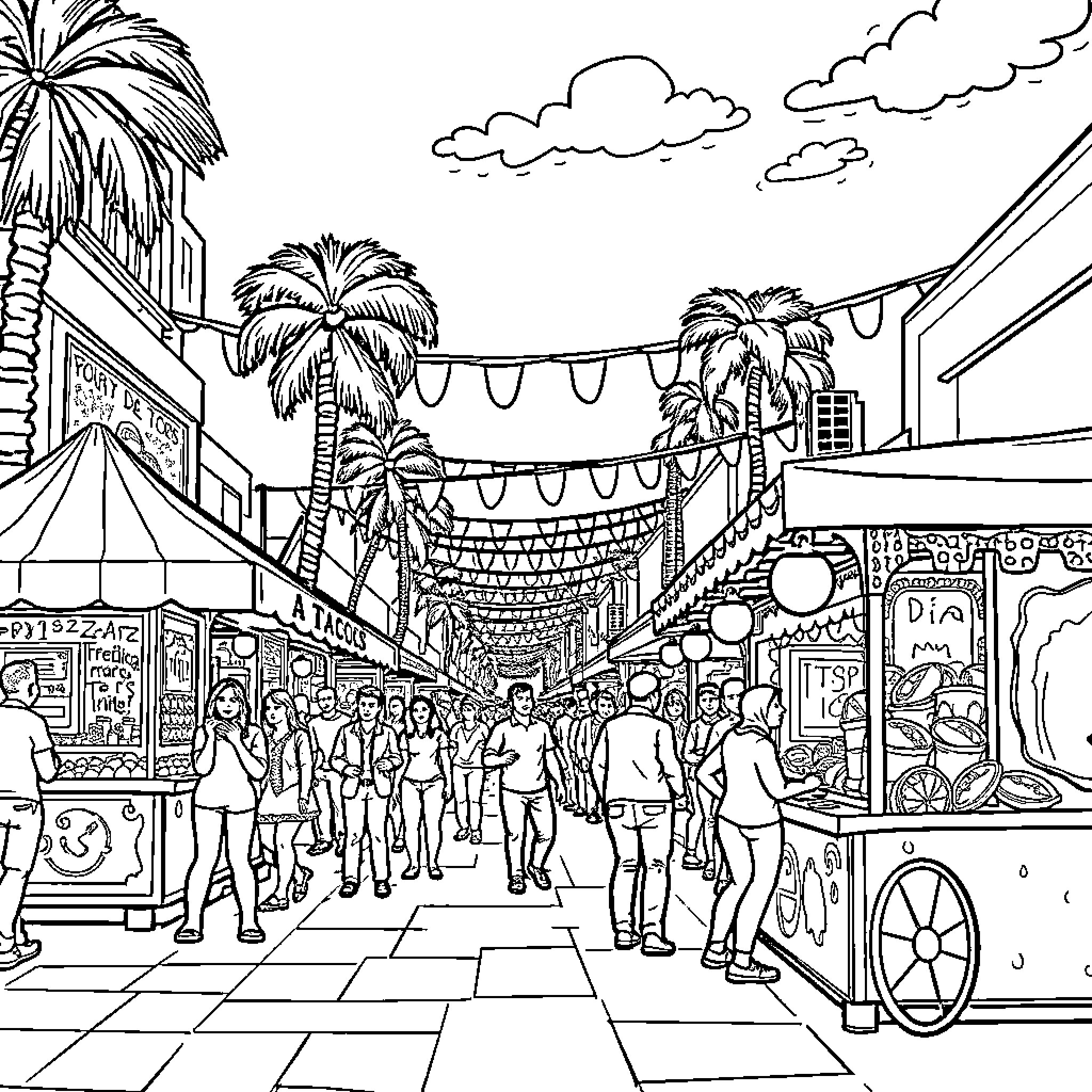 Taco Fiesta in the Vibrant Marketplace Coloring Page (free black-and-white line drawing printable PDF for all, from beginners to advanced learners, including children, teens, adults, and seniors)