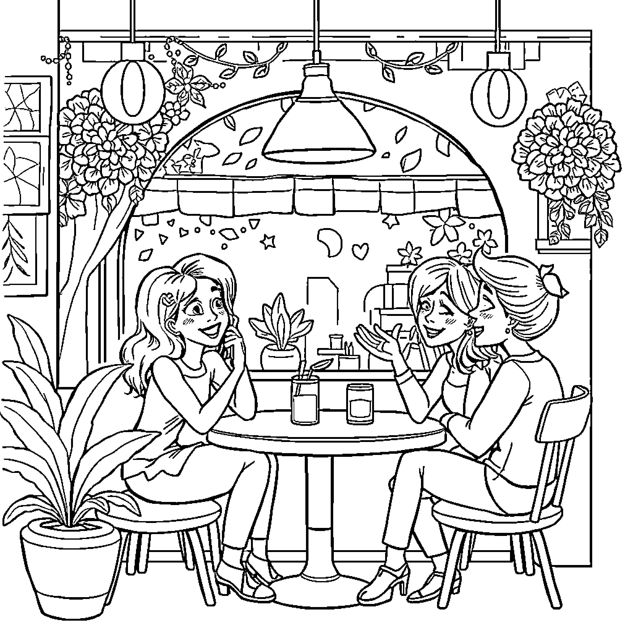 Gaby's Cozy Cafe Conversation Coloring Page (free black-and-white line drawing printable PDF for all, from beginners to advanced learners, including children, teens, adults, and seniors)