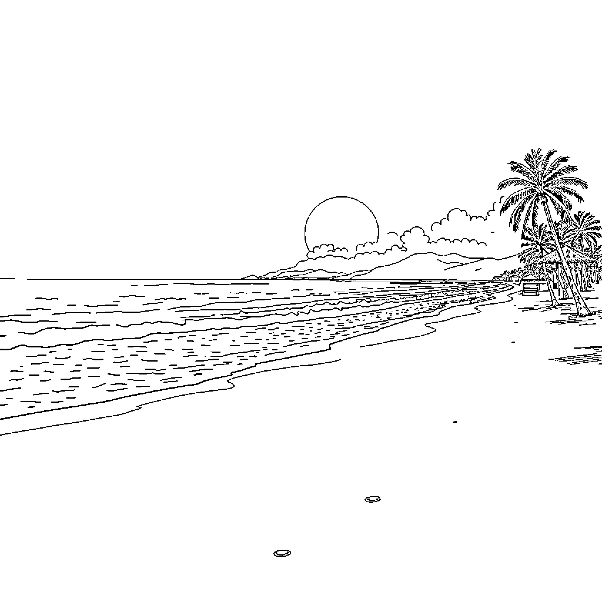 Beach scene with palm trees and sunset Coloring Page (free black-and-white line drawing printable PDF for all, from beginners to advanced learners, including children, teens, adults, and seniors)