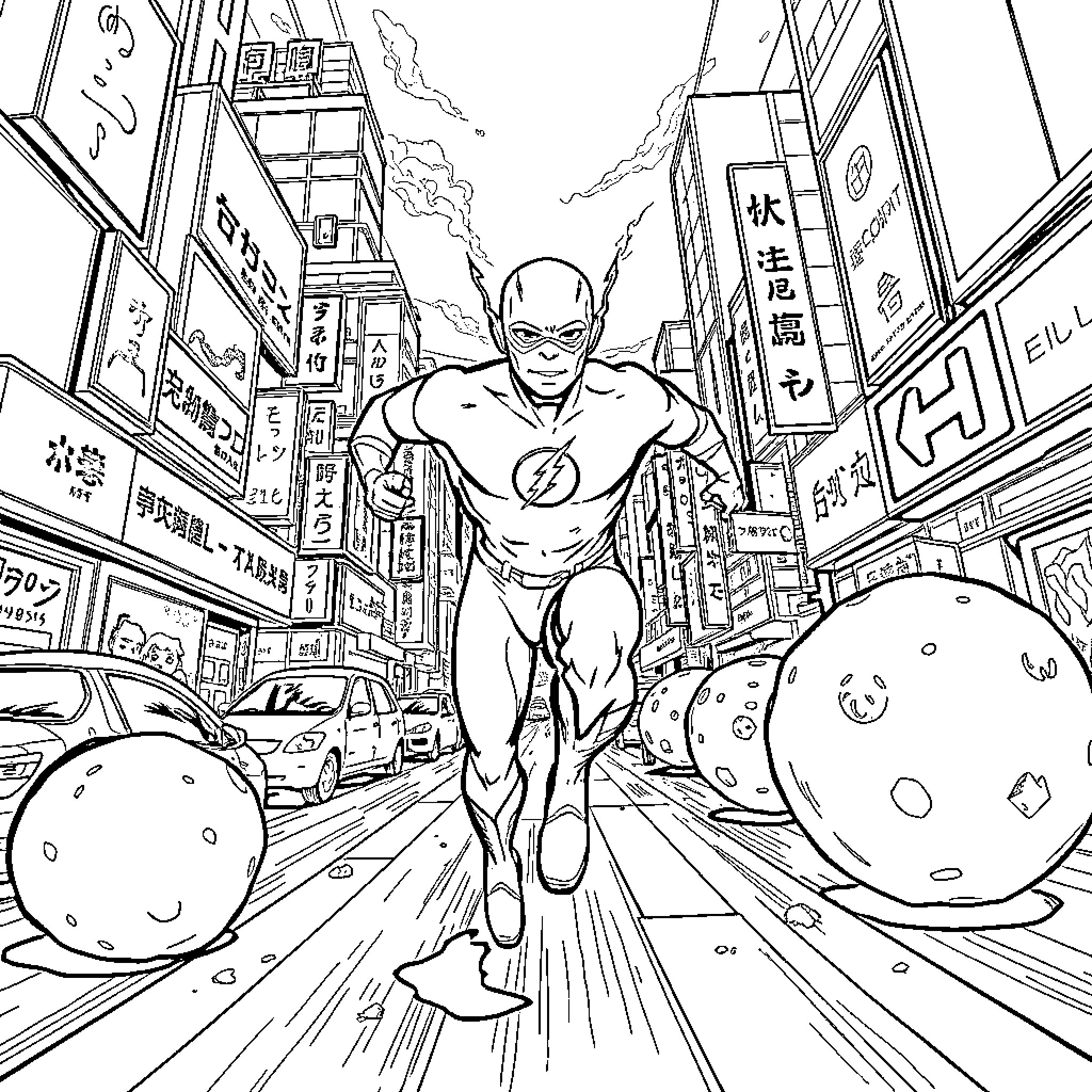 Flash sprinting through bustling city street Coloring Page (free black-and-white line drawing printable PDF for all, from beginners to advanced learners, including children, teens, adults, and seniors)