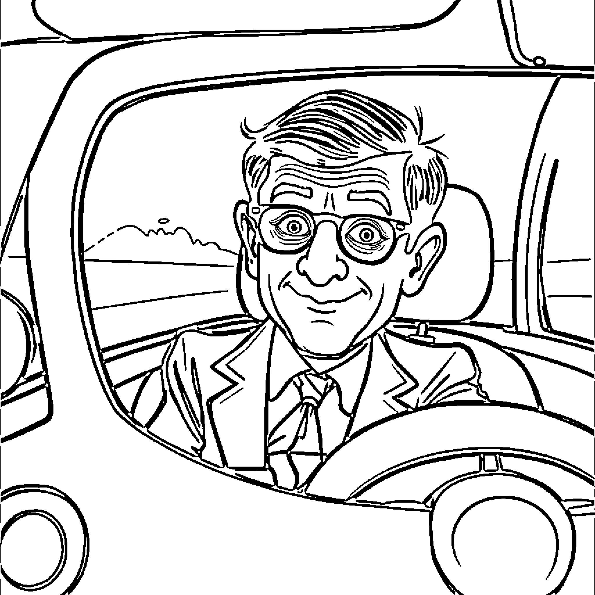 Mr Bean Driving His Iconic Car Coloring Page (free black-and-white line drawing printable PDF for all, from beginners to advanced learners, including children, teens, adults, and seniors)