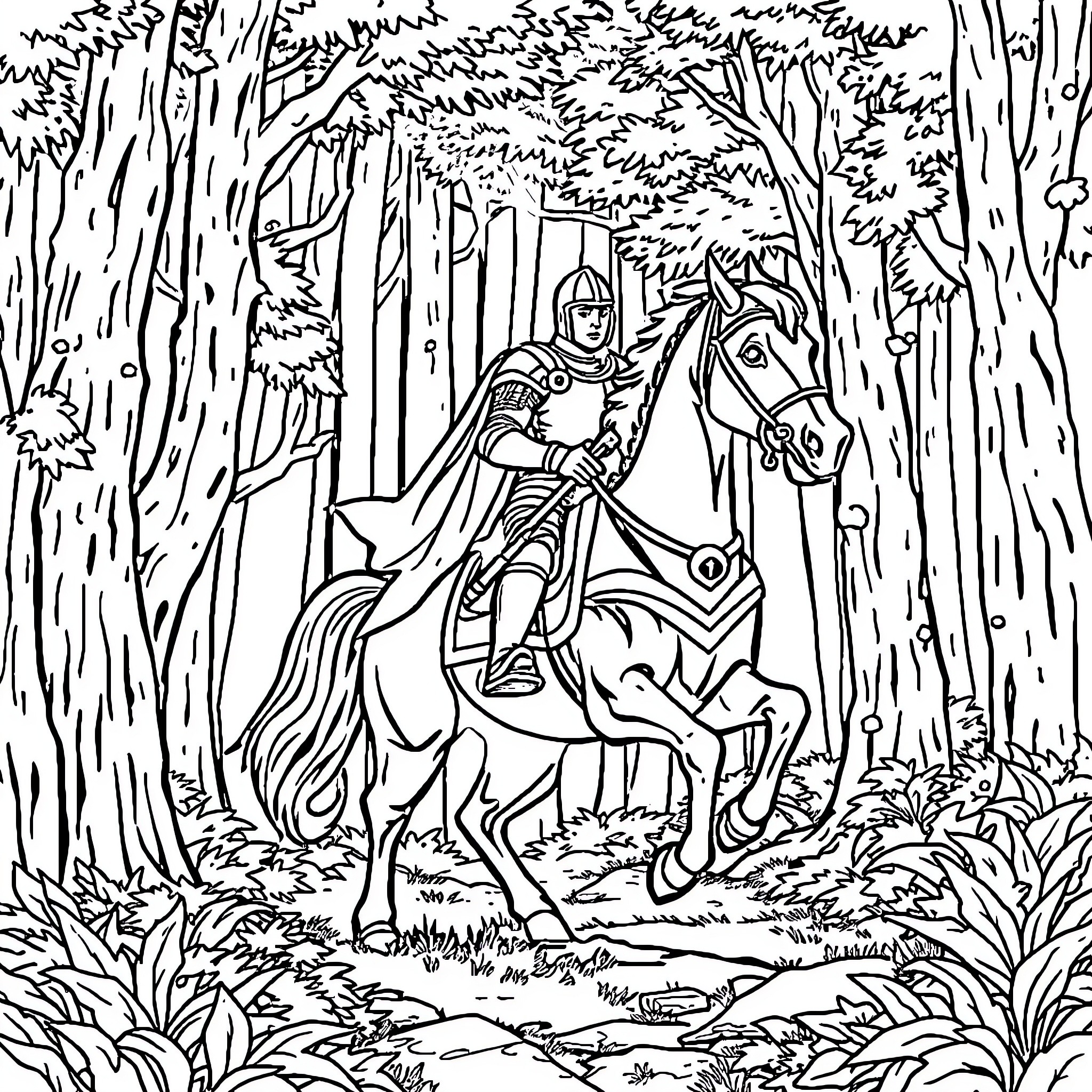 Knight riding through the enchanted forest Coloring Page (free black-and-white line drawing printable PDF for all, from beginners to advanced learners, including children, teens, adults, and seniors)