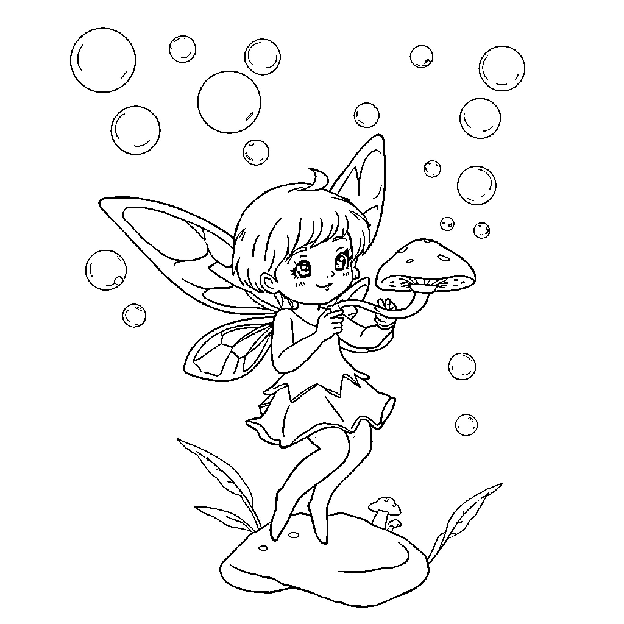Fairy playing with mushrooms and bubbles Coloring Page (free black-and-white line drawing printable PDF for all, from beginners to advanced learners, including children, teens, adults, and seniors)