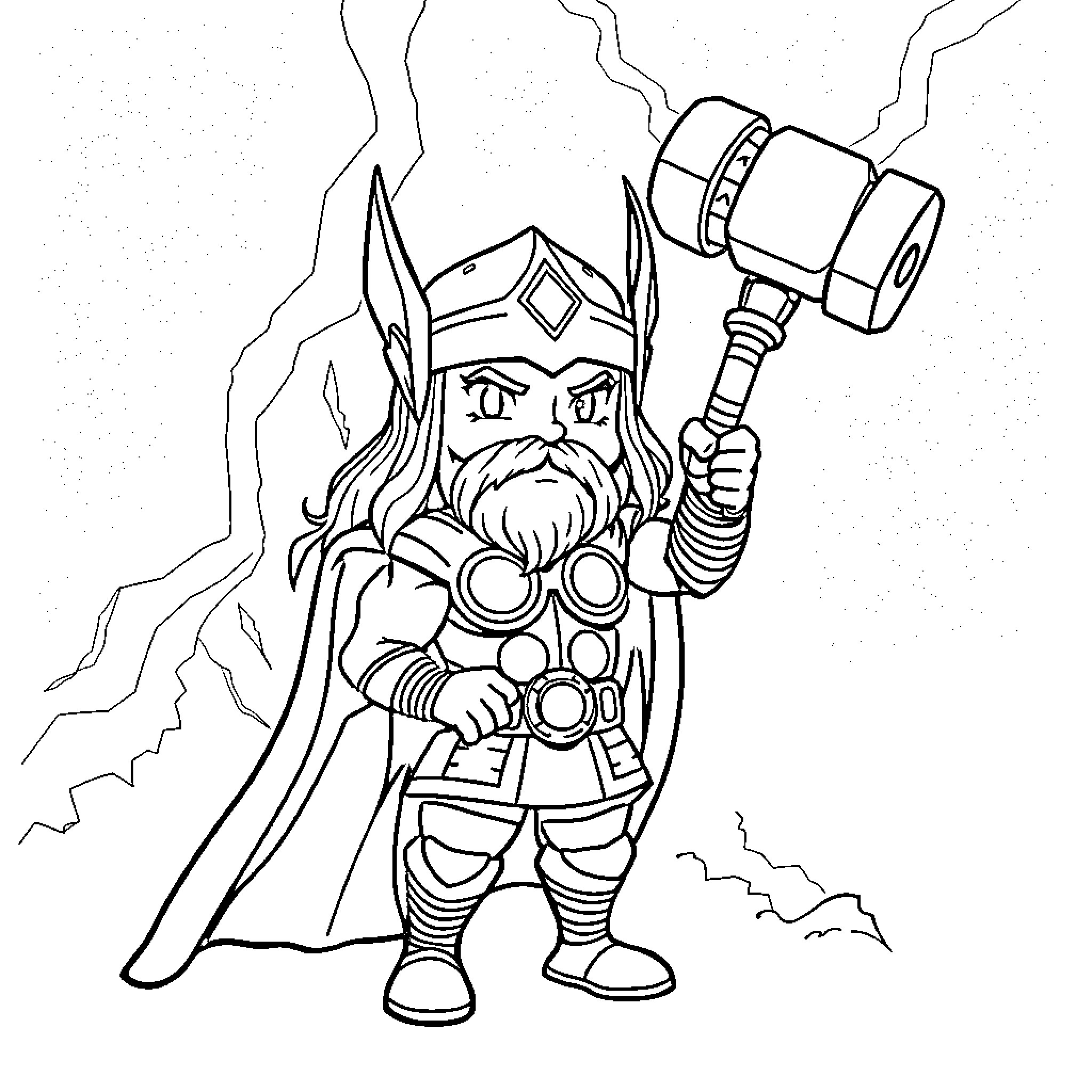 Thor Wields His Mighty Hammer in Heroic Stance Coloring Page (free black-and-white line drawing printable PDF for all, from beginners to advanced learners, including children, teens, adults, and seniors)