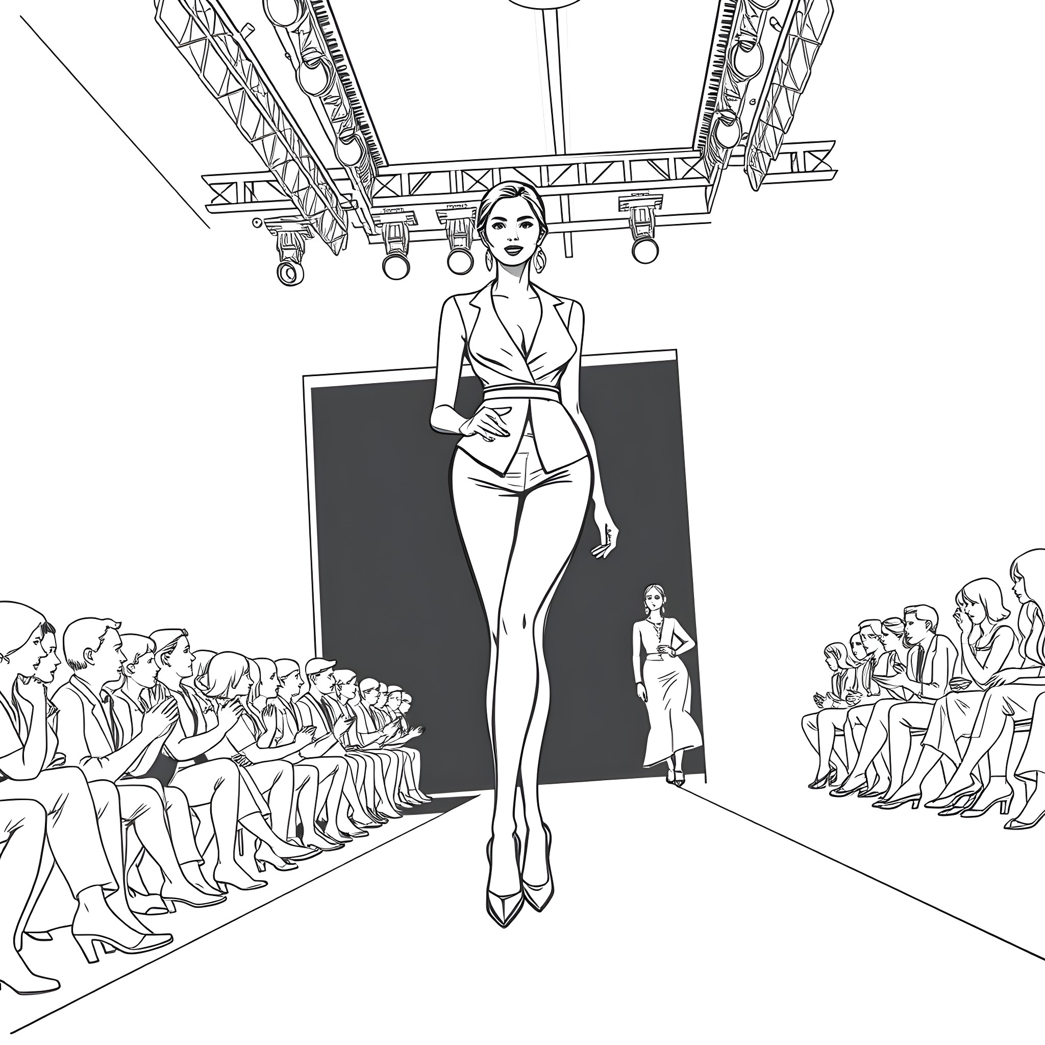 Model walking down the runway with stage lights Coloring Page (free black-and-white line drawing printable PDF for all, from beginners to advanced learners, including children, teens, adults, and seniors)