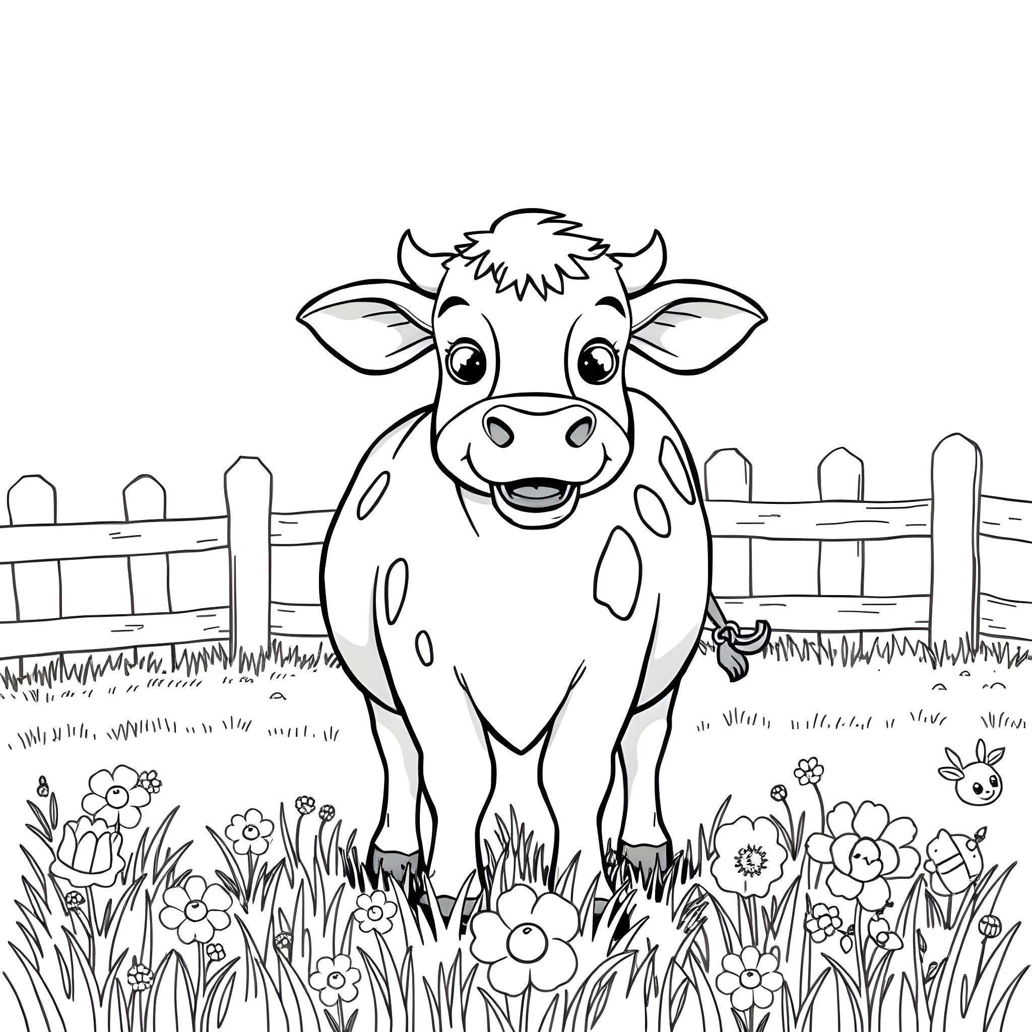 Cow grazing happily in a flower-filled field Coloring Page (free black-and-white line drawing printable PDF for all, from beginners to advanced learners, including children, teens, adults, and seniors)