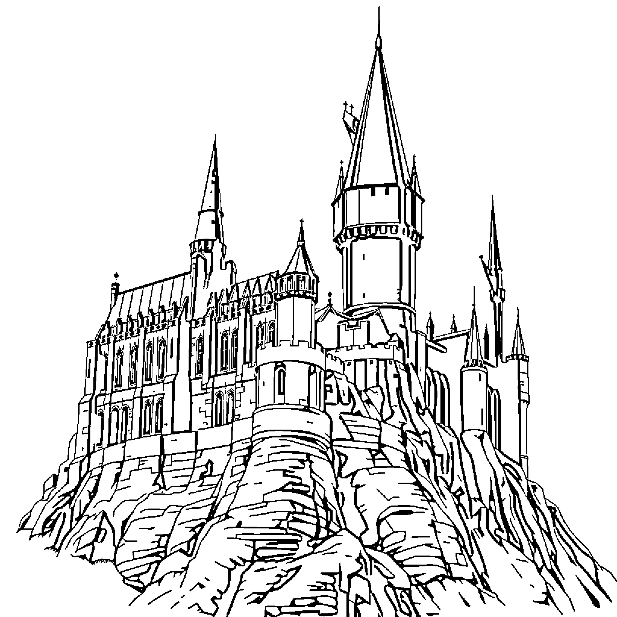 Hogwarts Castle: An Enchanting Wizarding Landmark Coloring Page (free black-and-white line drawing printable PDF for all, from beginners to advanced learners, including children, teens, adults, and seniors)