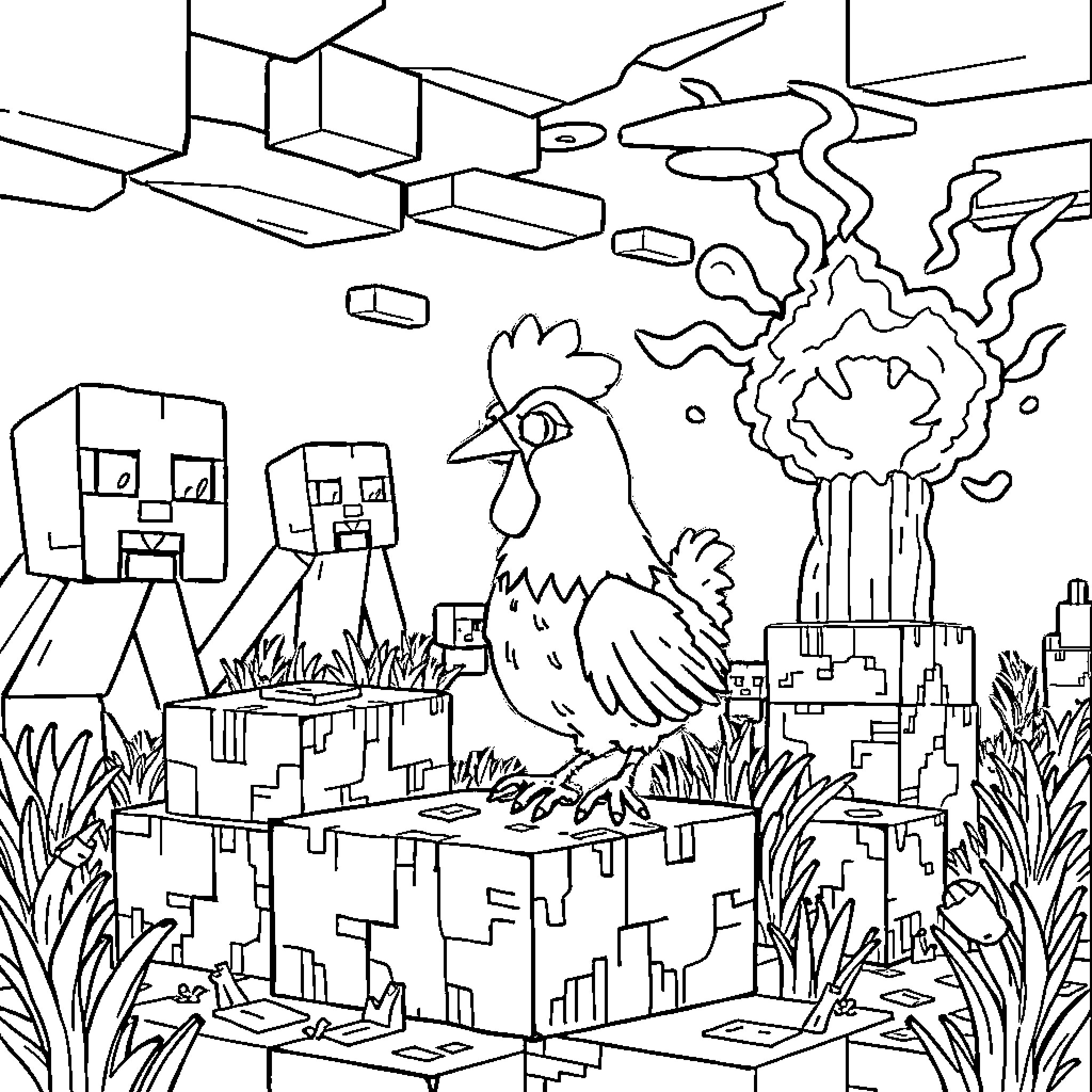Minecraft characters in a surreal landscape Coloring Page (free black-and-white line drawing printable PDF for all, from beginners to advanced learners, including children, teens, adults, and seniors)
