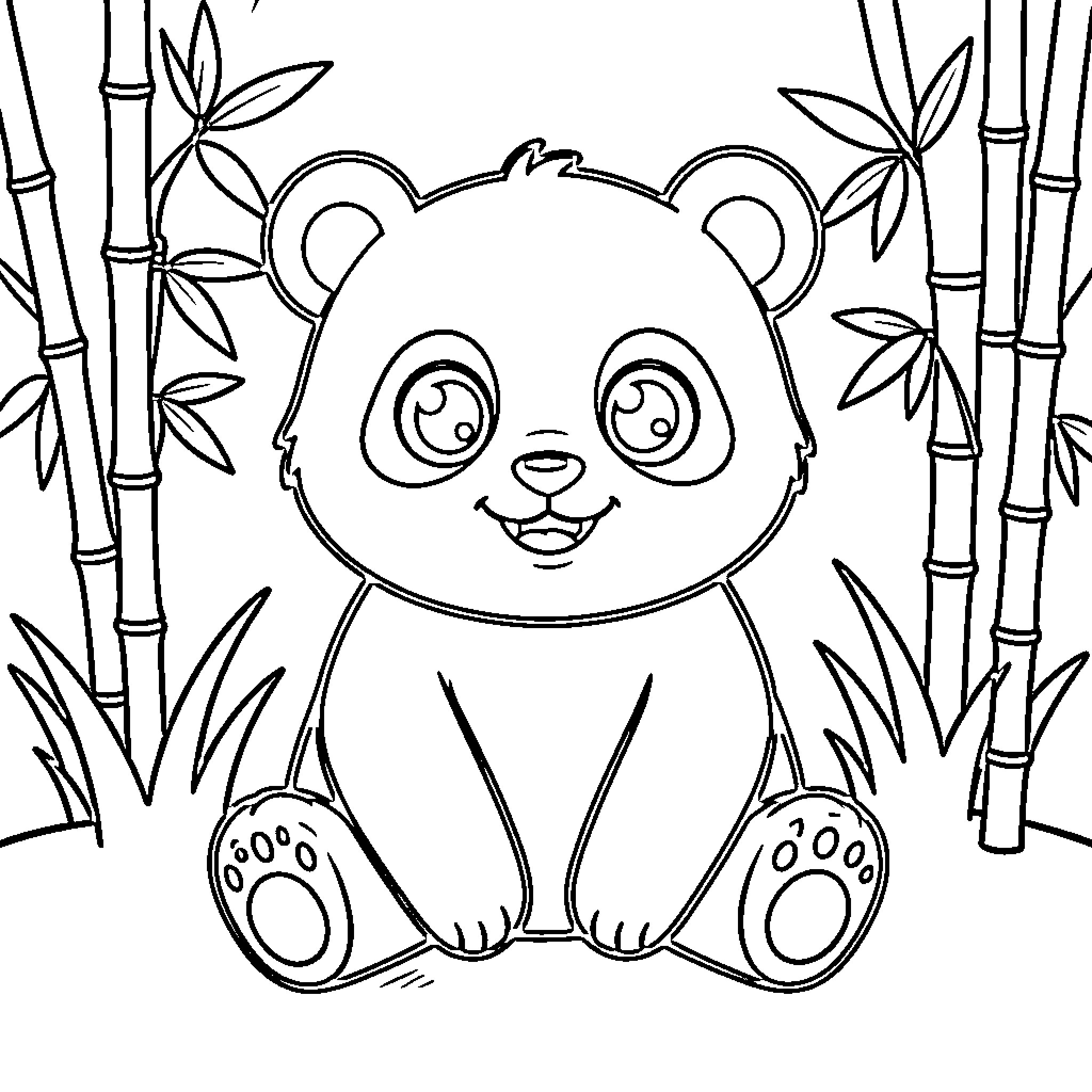 Panda sitting amid bamboo forest Coloring Page (free black-and-white line drawing printable PDF for all, from beginners to advanced learners, including children, teens, adults, and seniors)