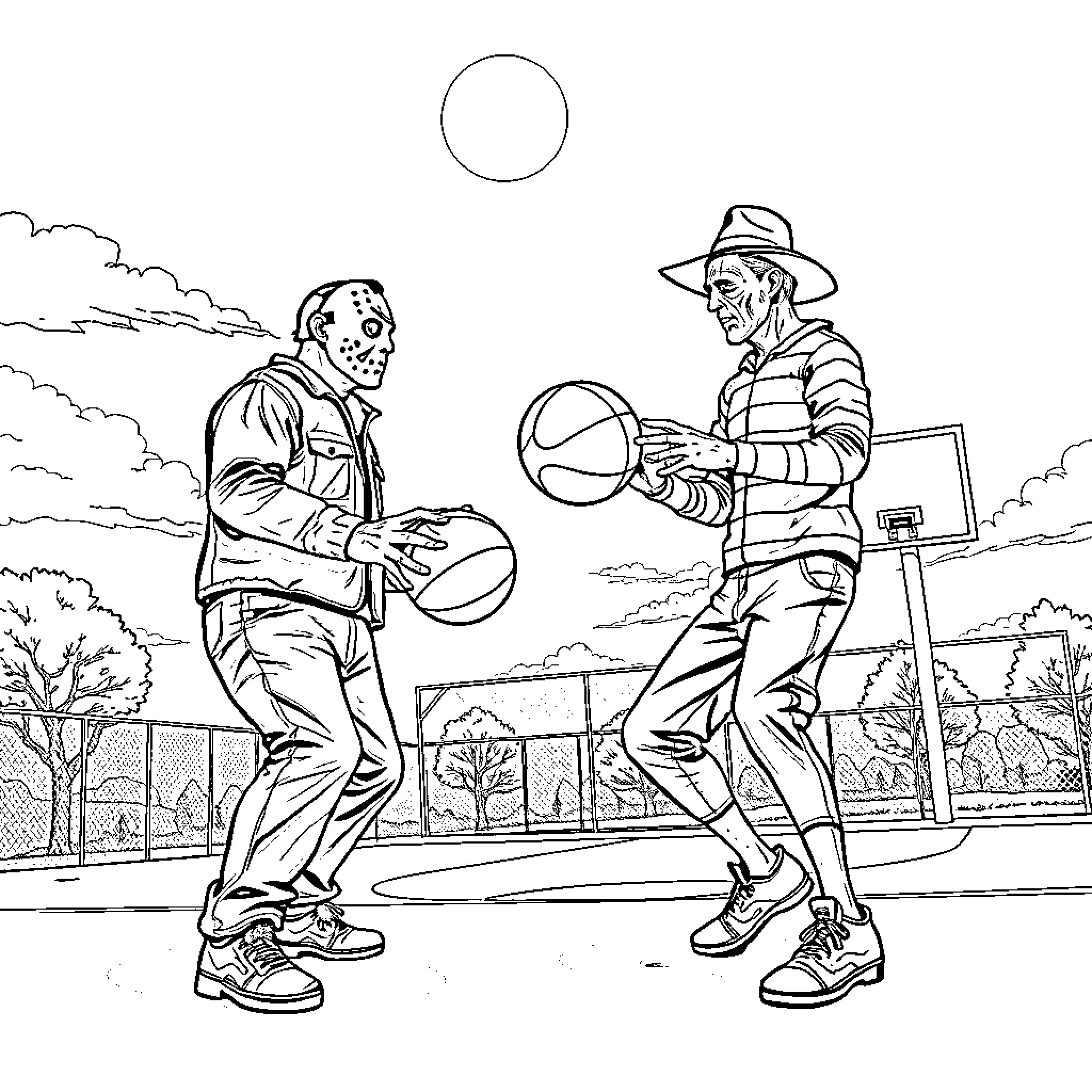 Jason Voorhees playing basketball with survivor Coloring Page (free black-and-white line drawing printable PDF for all, from beginners to advanced learners, including children, teens, adults, and seniors)
