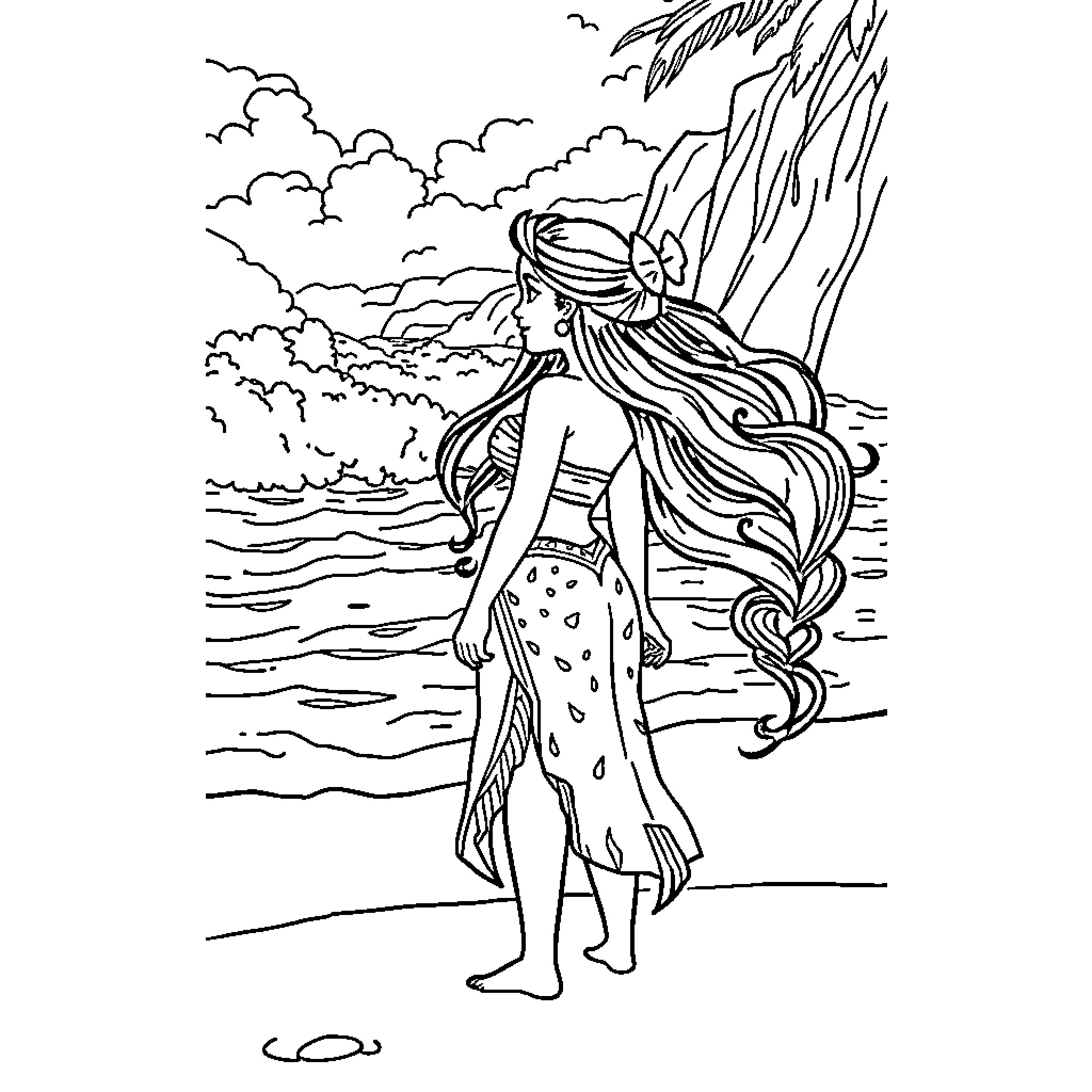 Vaiana exploring the tropical beach Coloring Page (free black-and-white line drawing printable PDF for all, from beginners to advanced learners, including children, teens, adults, and seniors)