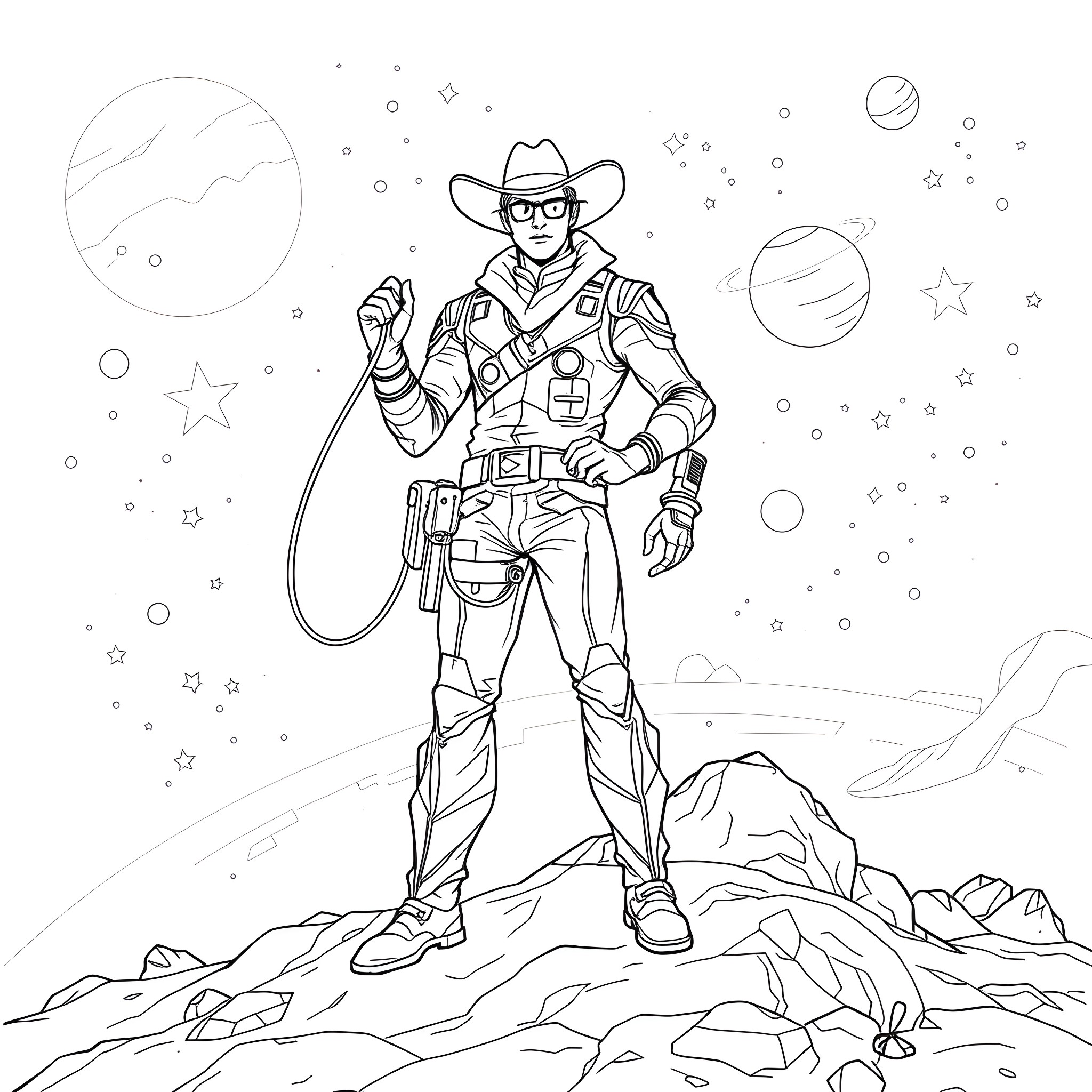Cowboy Exploring the Cosmic Frontier Coloring Page (free black-and-white line drawing printable PDF for all, from beginners to advanced learners, including children, teens, adults, and seniors)