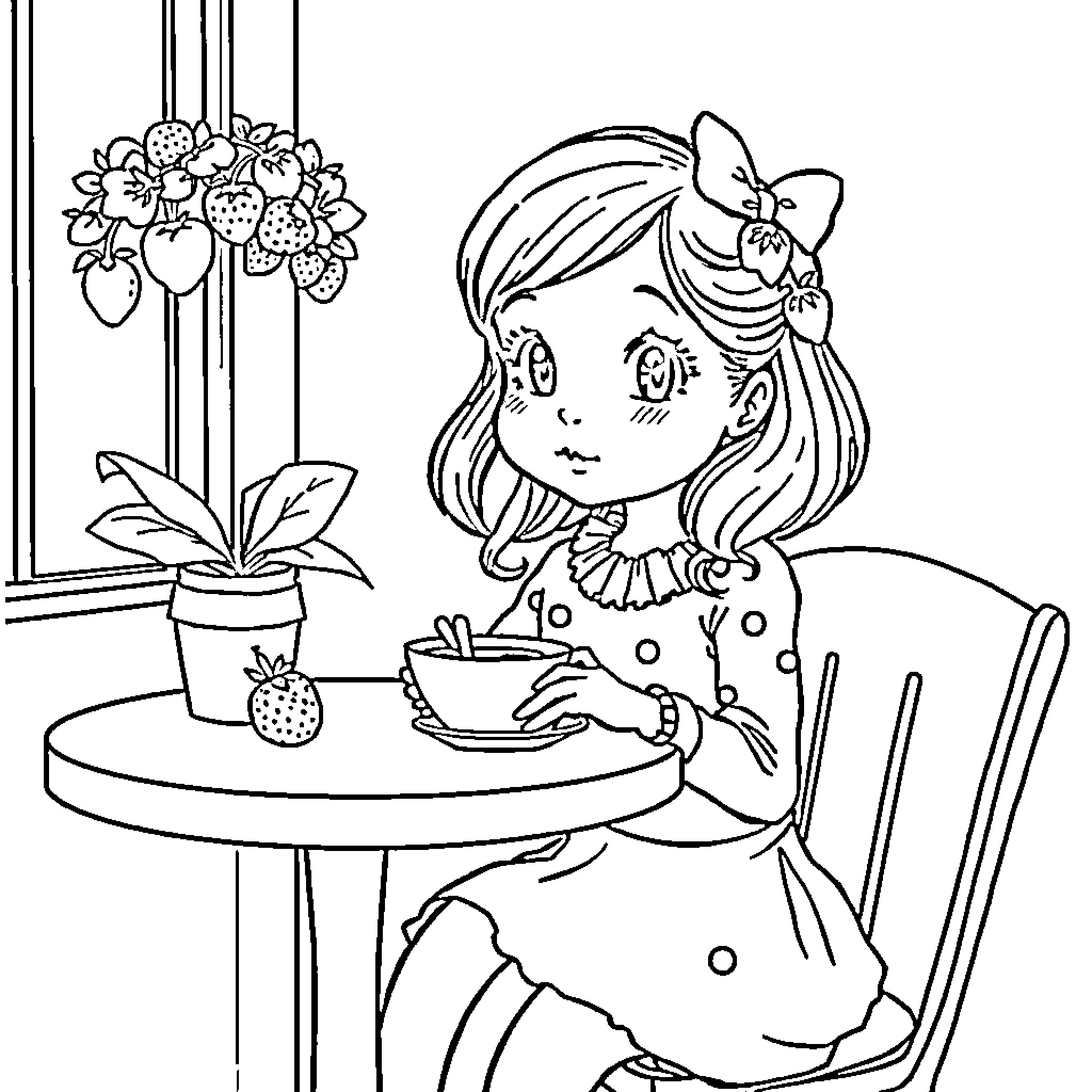 Charlotte Enjoying a Cozy Tea Time Coloring Page (free black-and-white line drawing printable PDF for all, from beginners to advanced learners, including children, teens, adults, and seniors)