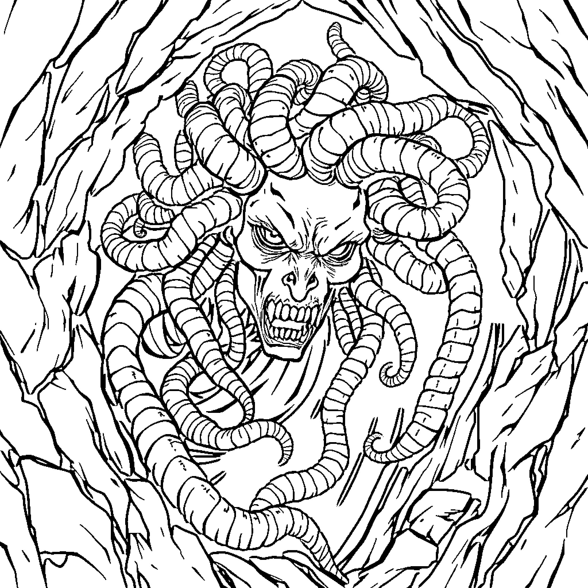 Medusa's Serpentine Visage Emerges from the Darkness Coloring Page (free black-and-white line drawing printable PDF for all, from beginners to advanced learners, including children, teens, adults, and seniors)