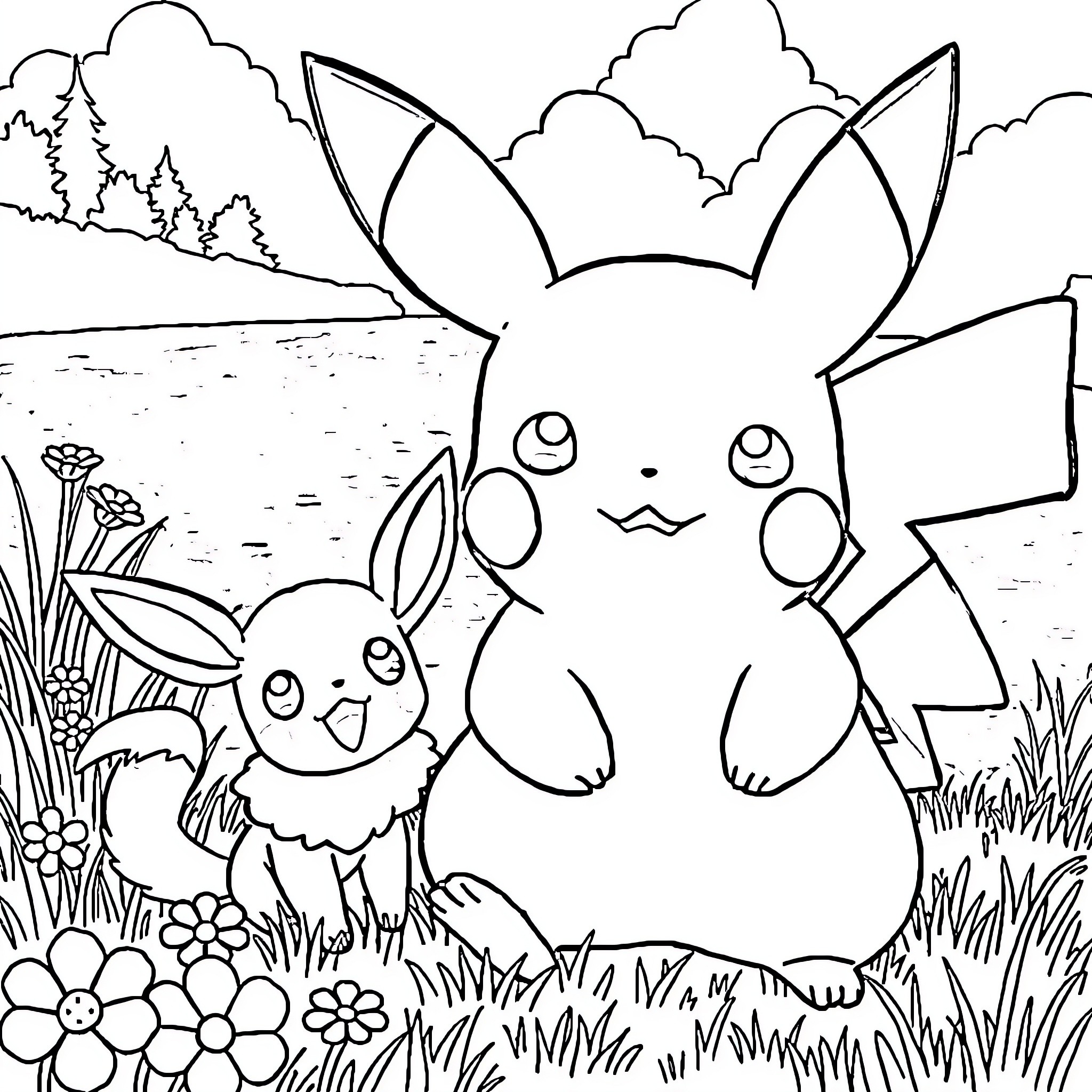 Pikachu enjoying nature with Eevee friends Coloring Page (free black-and-white line drawing printable PDF for all, from beginners to advanced learners, including children, teens, adults, and seniors)