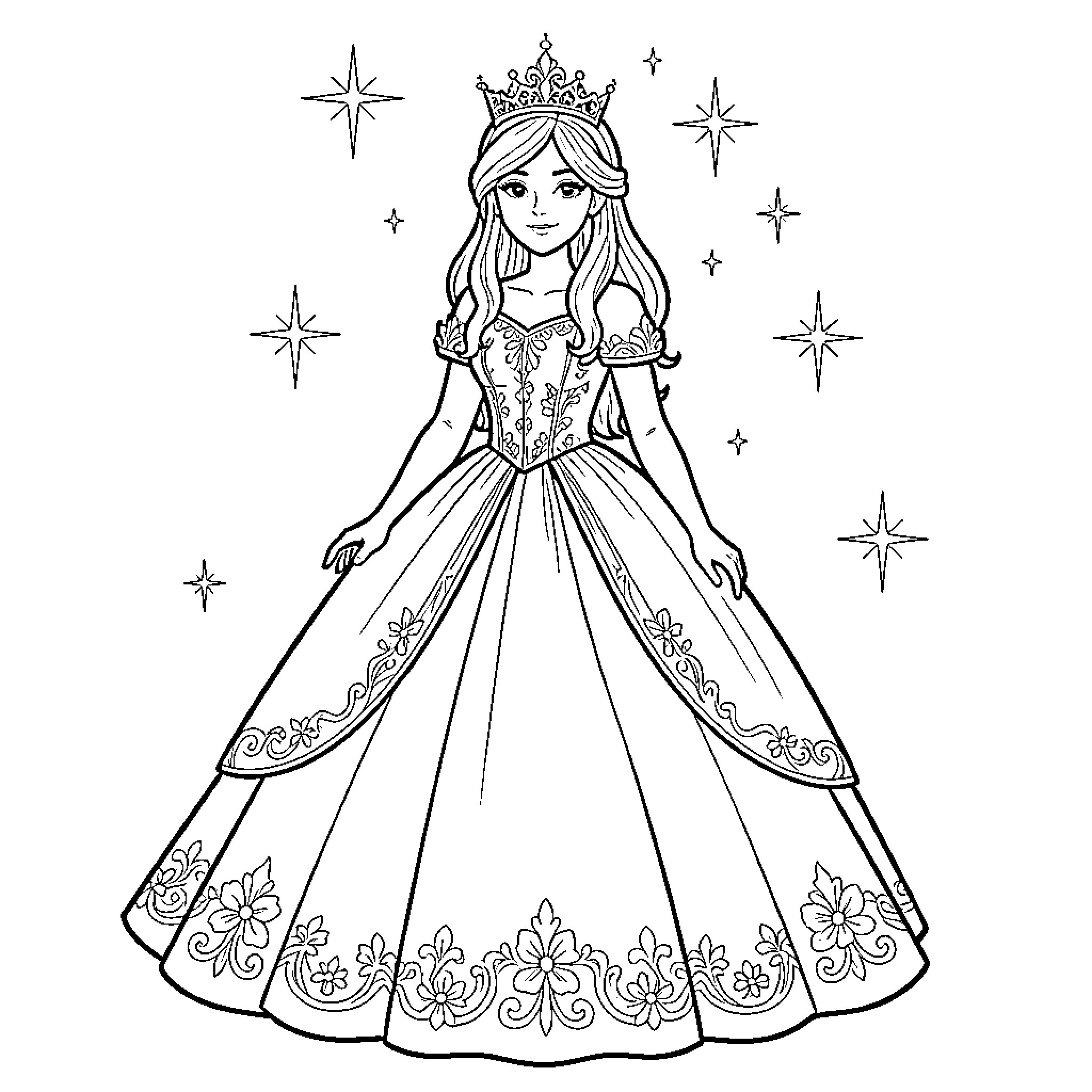 Princess wearing a crown and elegant gown among stars Coloring Page (free black-and-white line drawing printable PDF for all, from beginners to advanced learners, including children, teens, adults, and seniors)