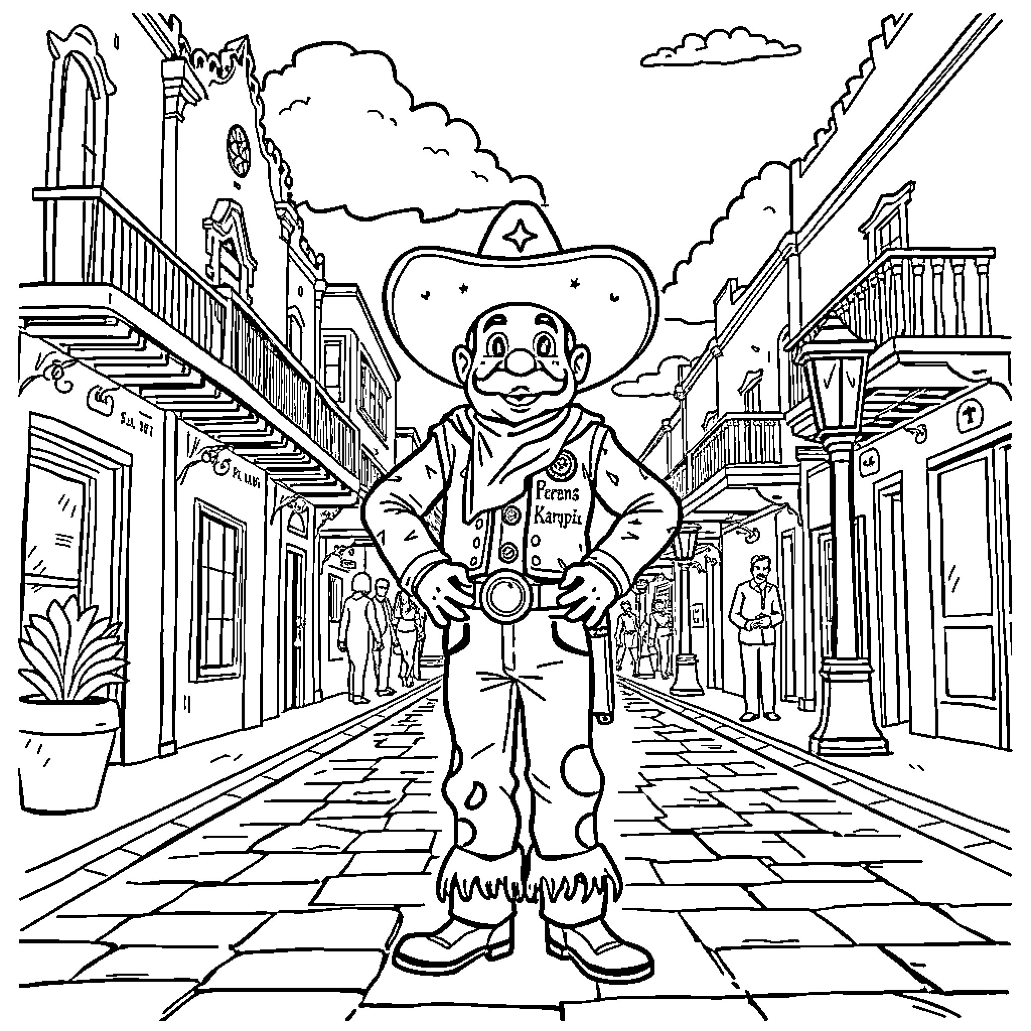 Karopi's Wondrous Wild West Adventure Coloring Page (free black-and-white line drawing printable PDF for all, from beginners to advanced learners, including children, teens, adults, and seniors)