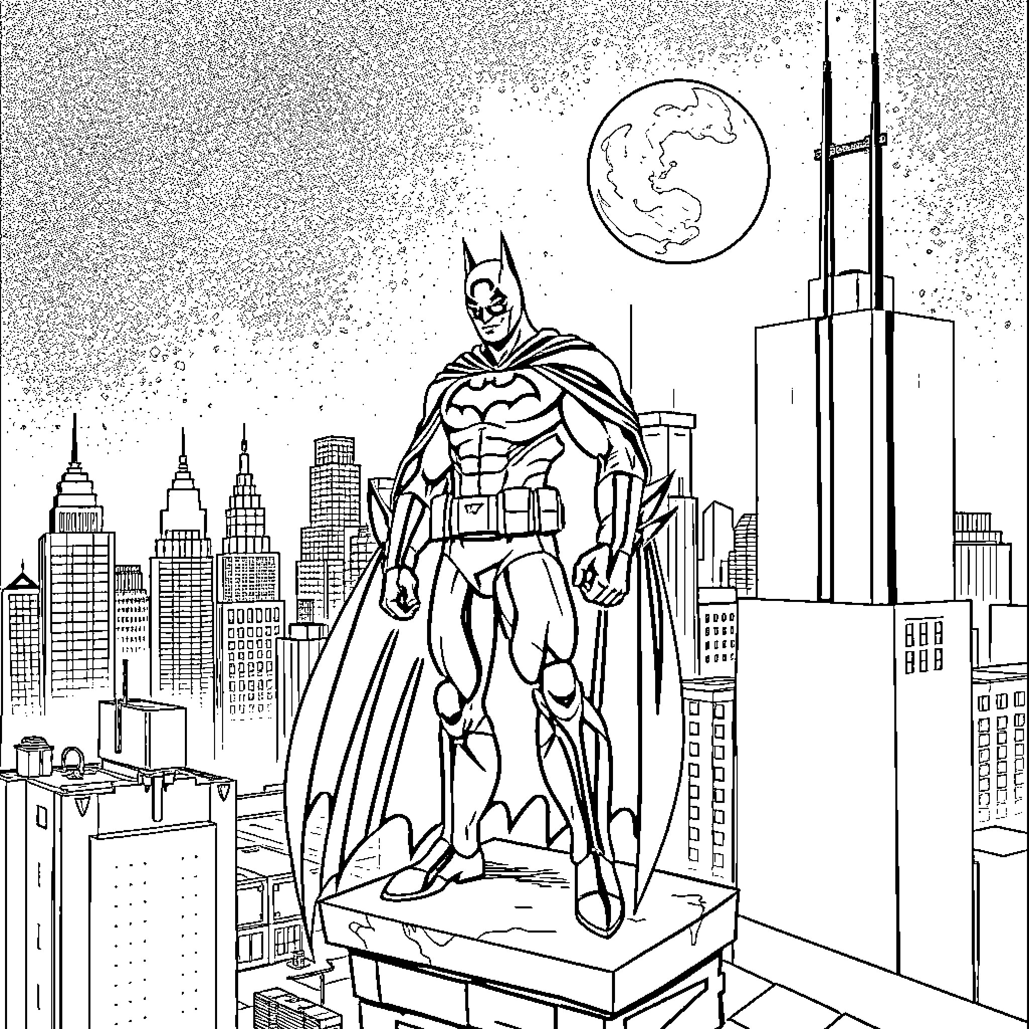 Batman overlooking the cityscape at night Coloring Page (free black-and-white line drawing printable PDF for all, from beginners to advanced learners, including children, teens, adults, and seniors)