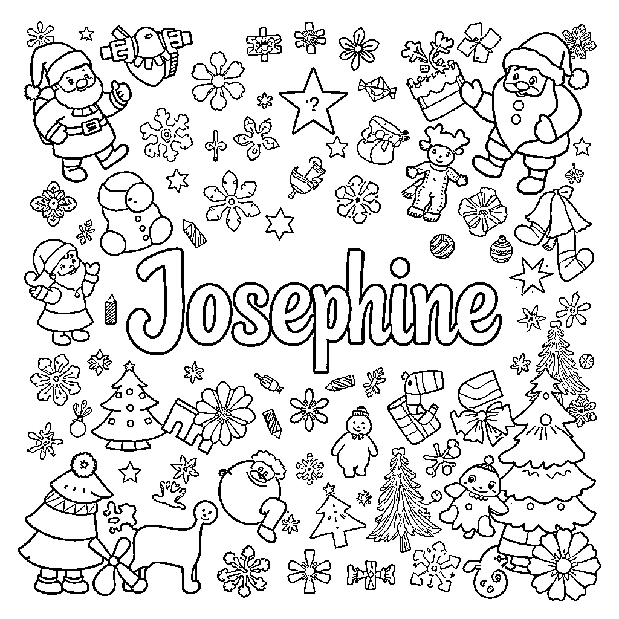 Christmas-themed Doodles with Name 'Josephine' Coloring Page (free black-and-white line drawing printable PDF for all, from beginners to advanced learners, including children, teens, adults, and seniors)