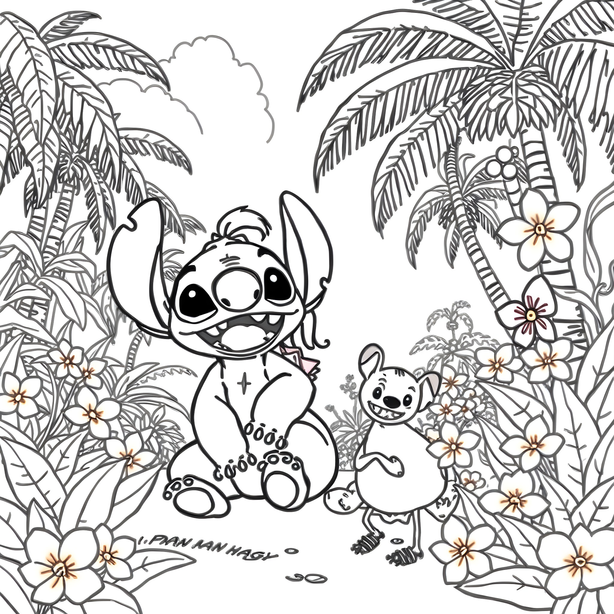 Girl exploring tropical jungle with adorable creatures Coloring Page (free black-and-white line drawing printable PDF for all, from beginners to advanced learners, including children, teens, adults, and seniors)
