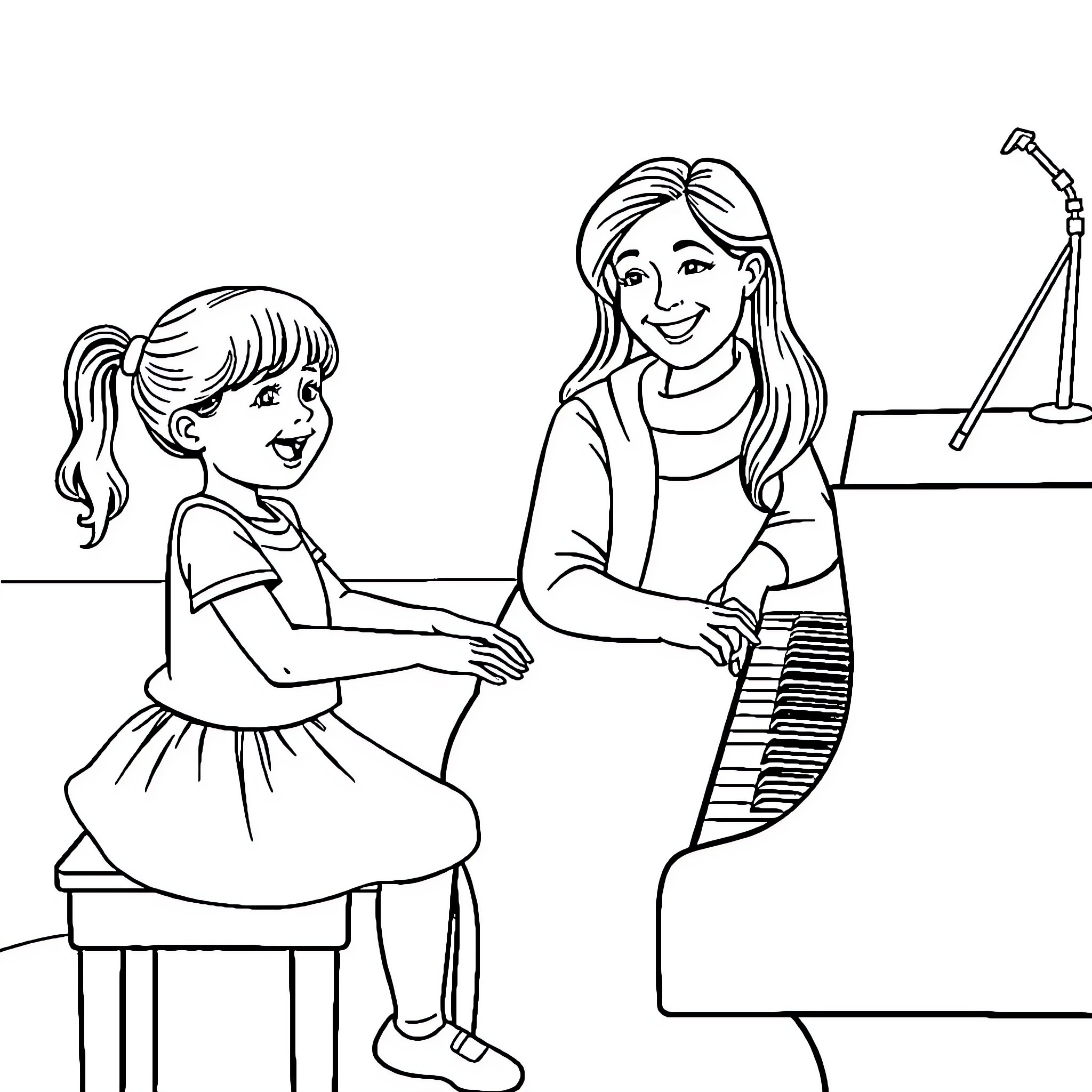 Kid receives piano lesson from teacher Coloring Page (free black-and-white line drawing printable PDF for all, from beginners to advanced learners, including children, teens, adults, and seniors)