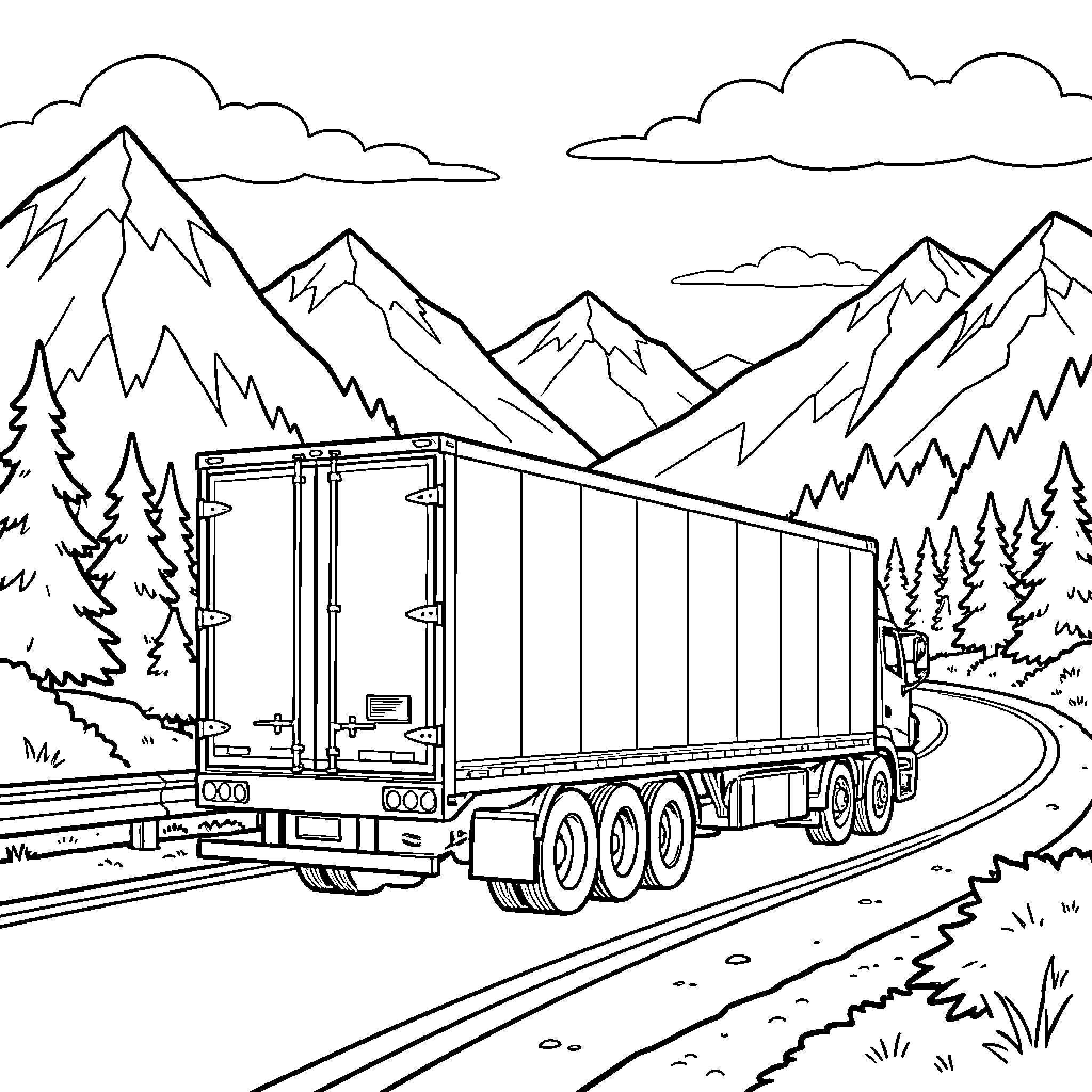 Semi Trailer driving along a winding mountain road Coloring Page (free black-and-white line drawing printable PDF for all, from beginners to advanced learners, including children, teens, adults, and seniors)