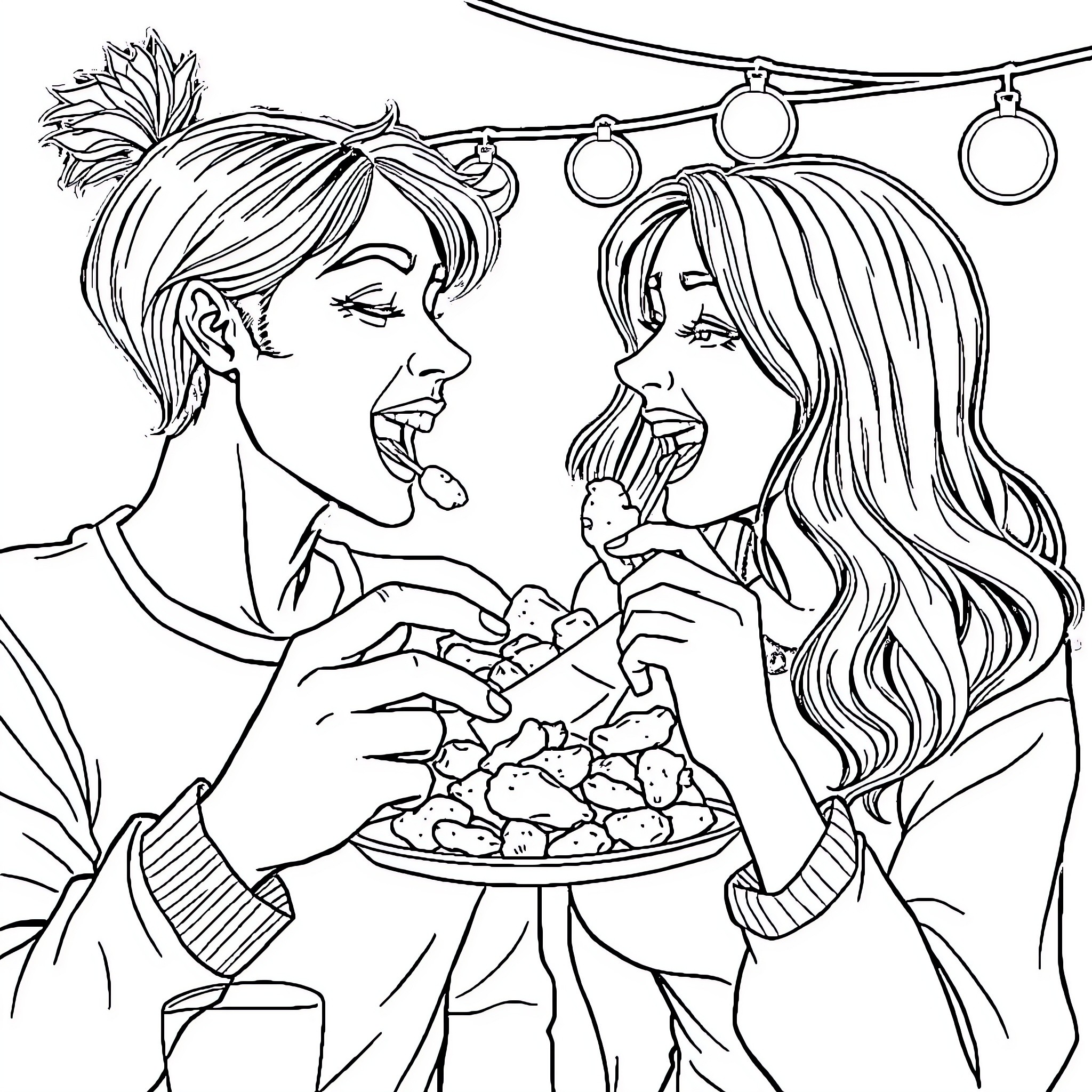 Girls enjoying snacks together under fairy lights Coloring Page (free black-and-white line drawing printable PDF for all, from beginners to advanced learners, including children, teens, adults, and seniors)