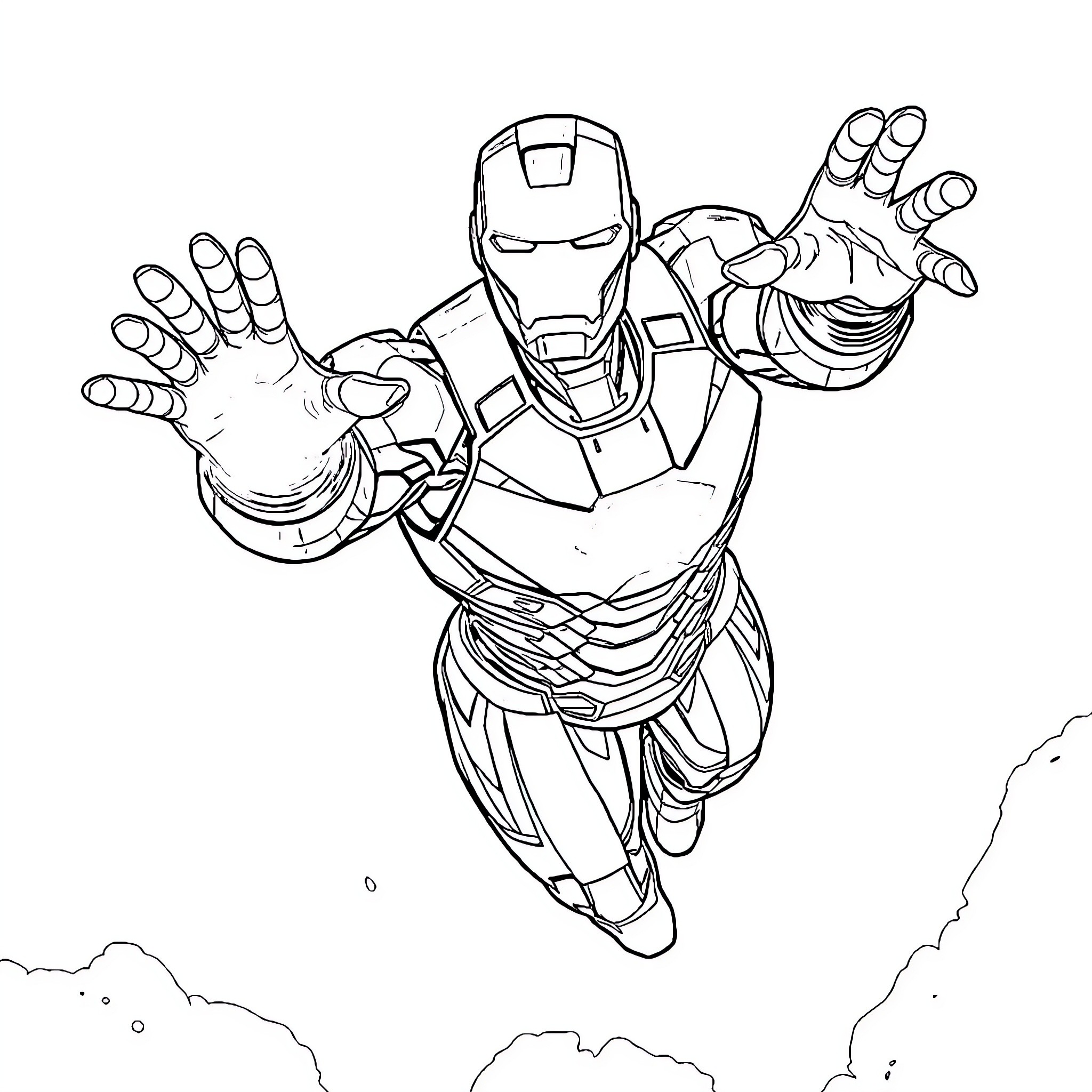 Ironman heroically soaring through the sky Coloring Page (free black-and-white line drawing printable PDF for all, from beginners to advanced learners, including children, teens, adults, and seniors)