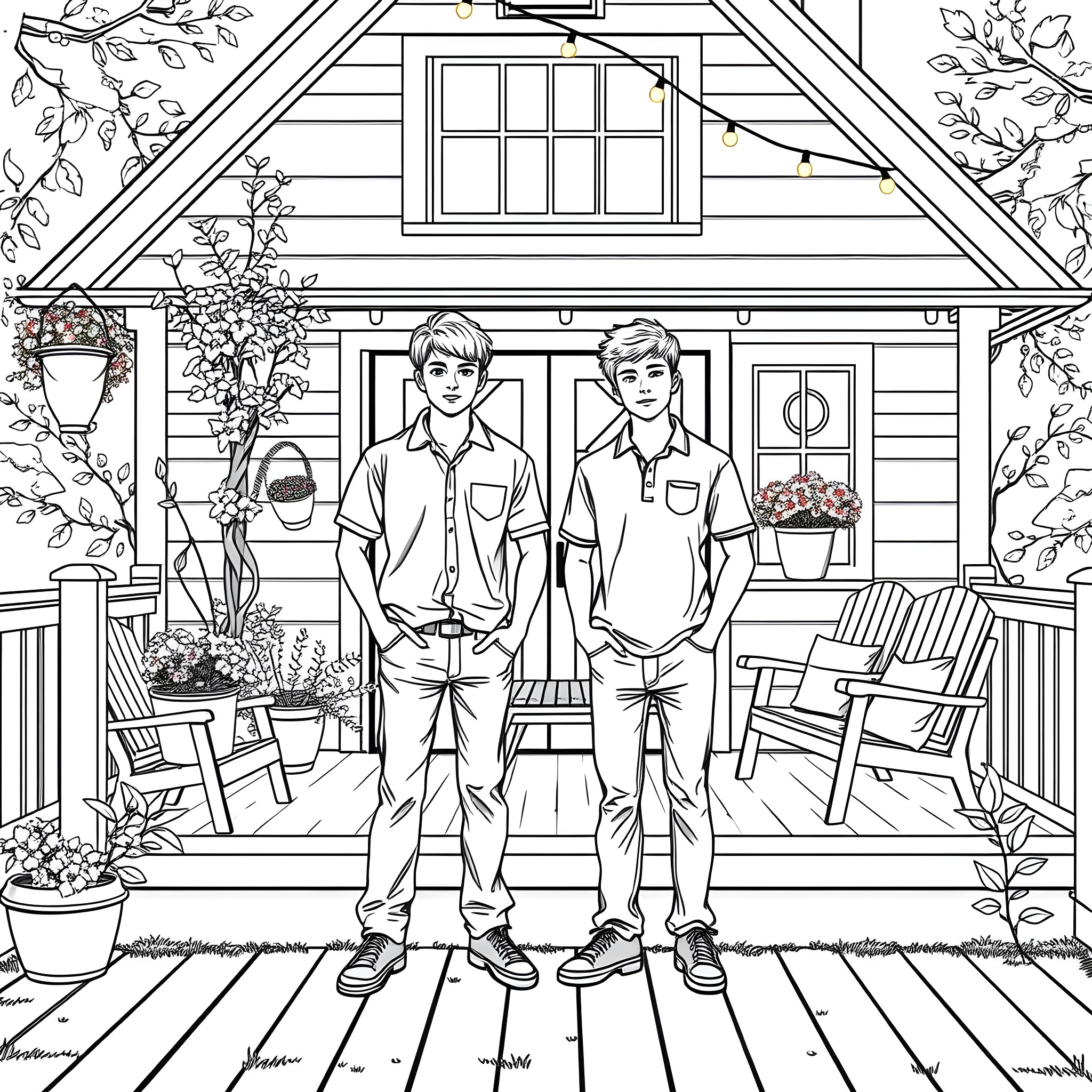 Teen Guys Posing in Front of Cozy Cabin Coloring Page (free black-and-white line drawing printable PDF for all, from beginners to advanced learners, including children, teens, adults, and seniors)