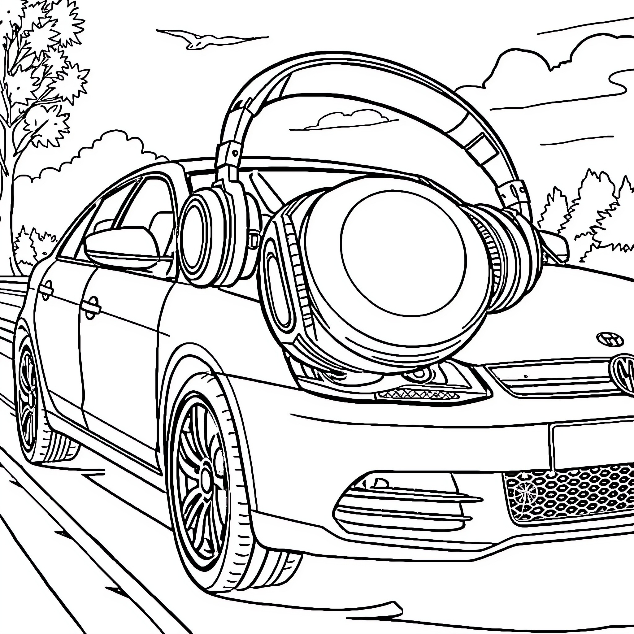 Car music experience on the road Coloring Page (free black-and-white line drawing printable PDF for all, from beginners to advanced learners, including children, teens, adults, and seniors)