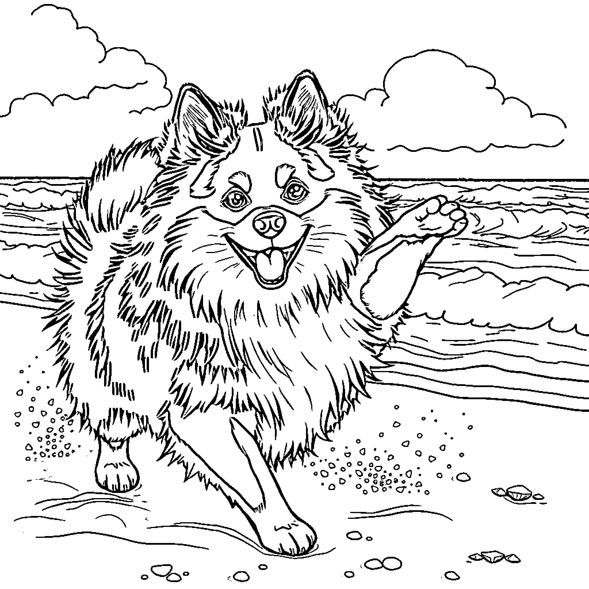 Pomeranian frolicking by the ocean Coloring Page (free black-and-white line drawing printable PDF for all, from beginners to advanced learners, including children, teens, adults, and seniors)