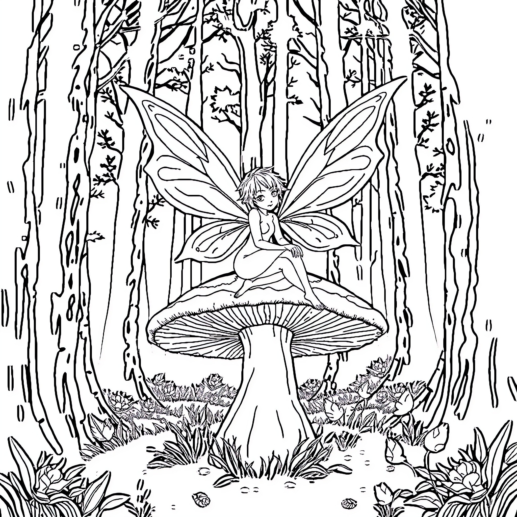 Fairy resting peacefully on a mushroom in the forest Coloring Page (free black-and-white line drawing printable PDF for all, from beginners to advanced learners, including children, teens, adults, and seniors)