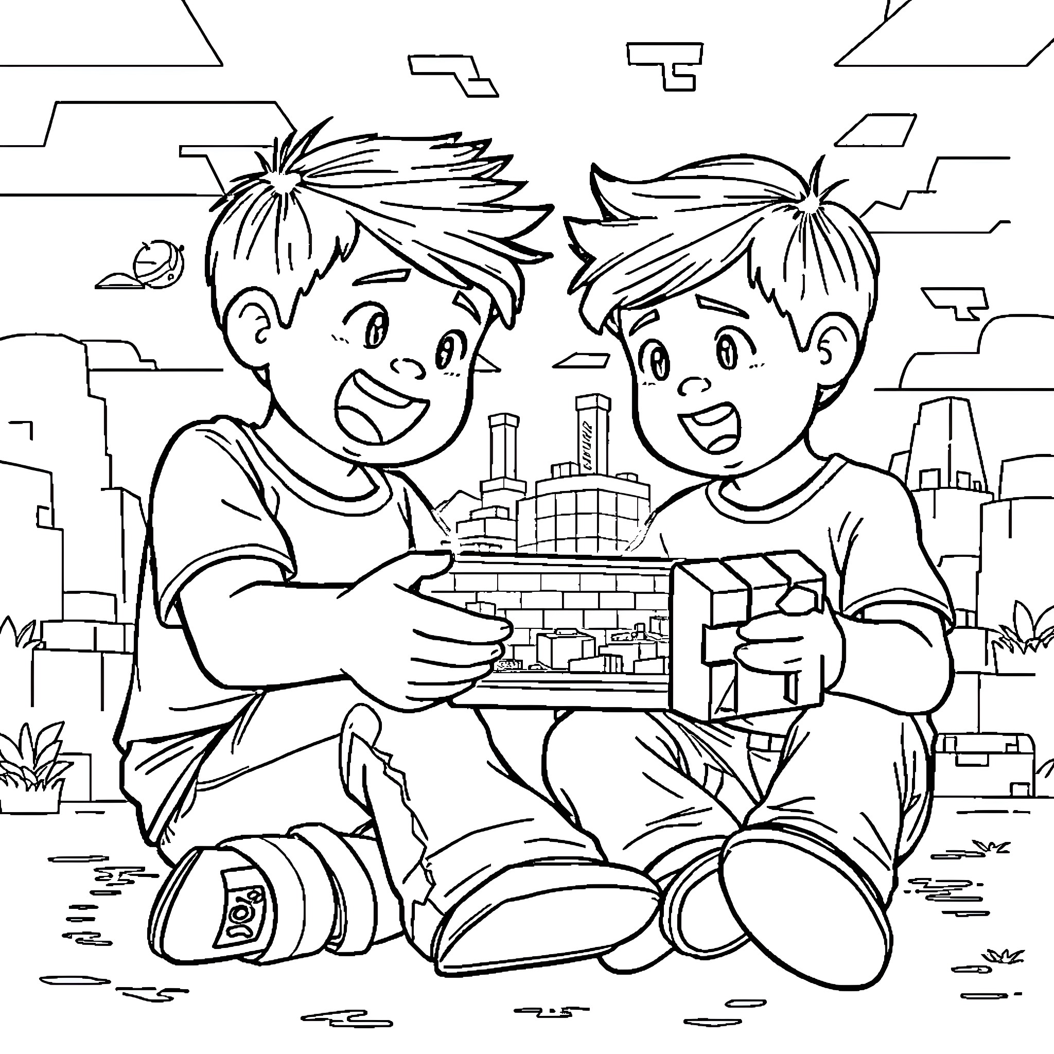 Brothers building blocks together happily Coloring Page (free black-and-white line drawing printable PDF for all, from beginners to advanced learners, including children, teens, adults, and seniors)