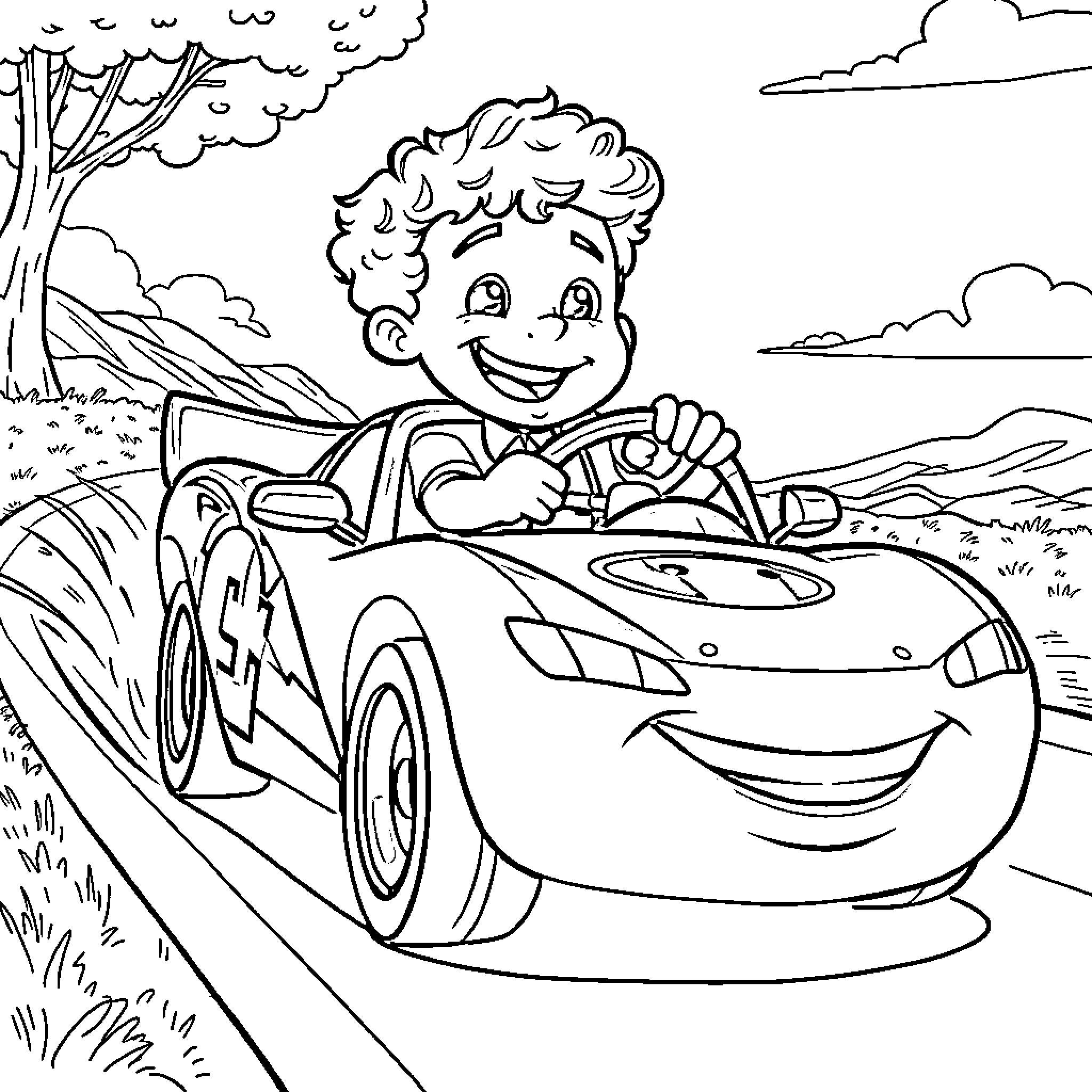 Boy driving a fast sports car through nature Coloring Page (free black-and-white line drawing printable PDF for all, from beginners to advanced learners, including children, teens, adults, and seniors)