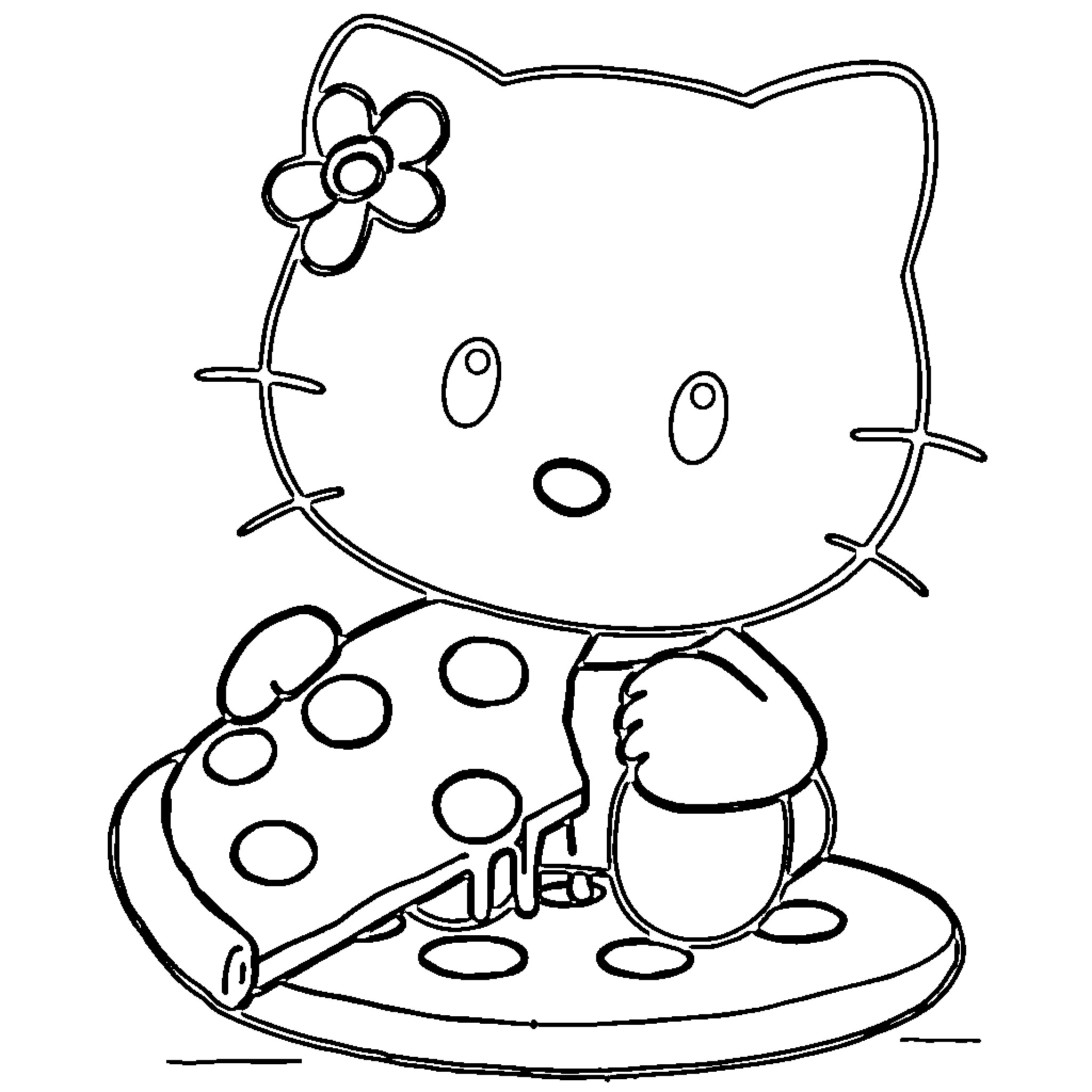 Hello Kitty enjoying a spotty mushroom Coloring Page (free black-and-white line drawing printable PDF for all, from beginners to advanced learners, including children, teens, adults, and seniors)