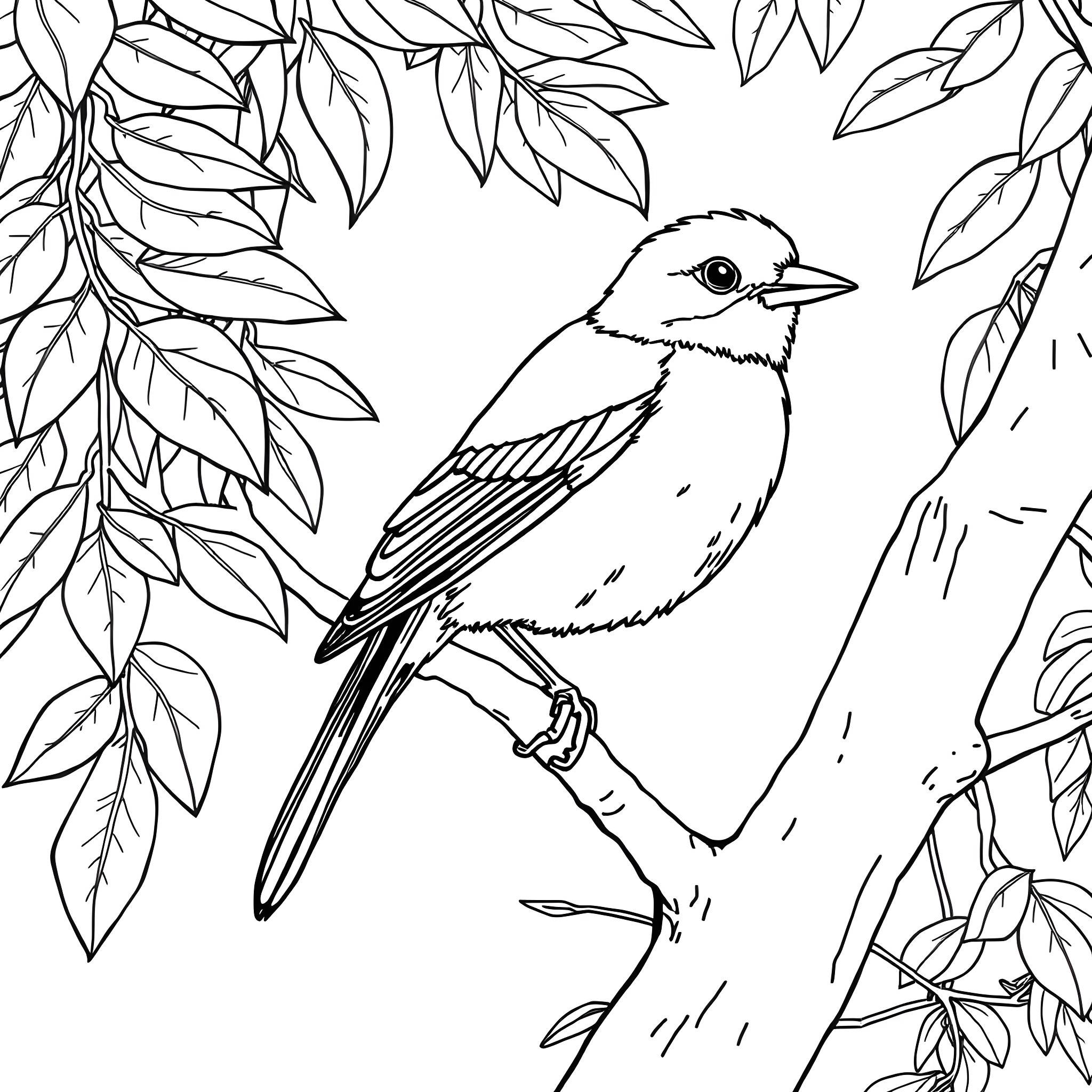 Passerina bird perched on tree branch Coloring Page (free black-and-white line drawing printable PDF for all, from beginners to advanced learners, including children, teens, adults, and seniors)