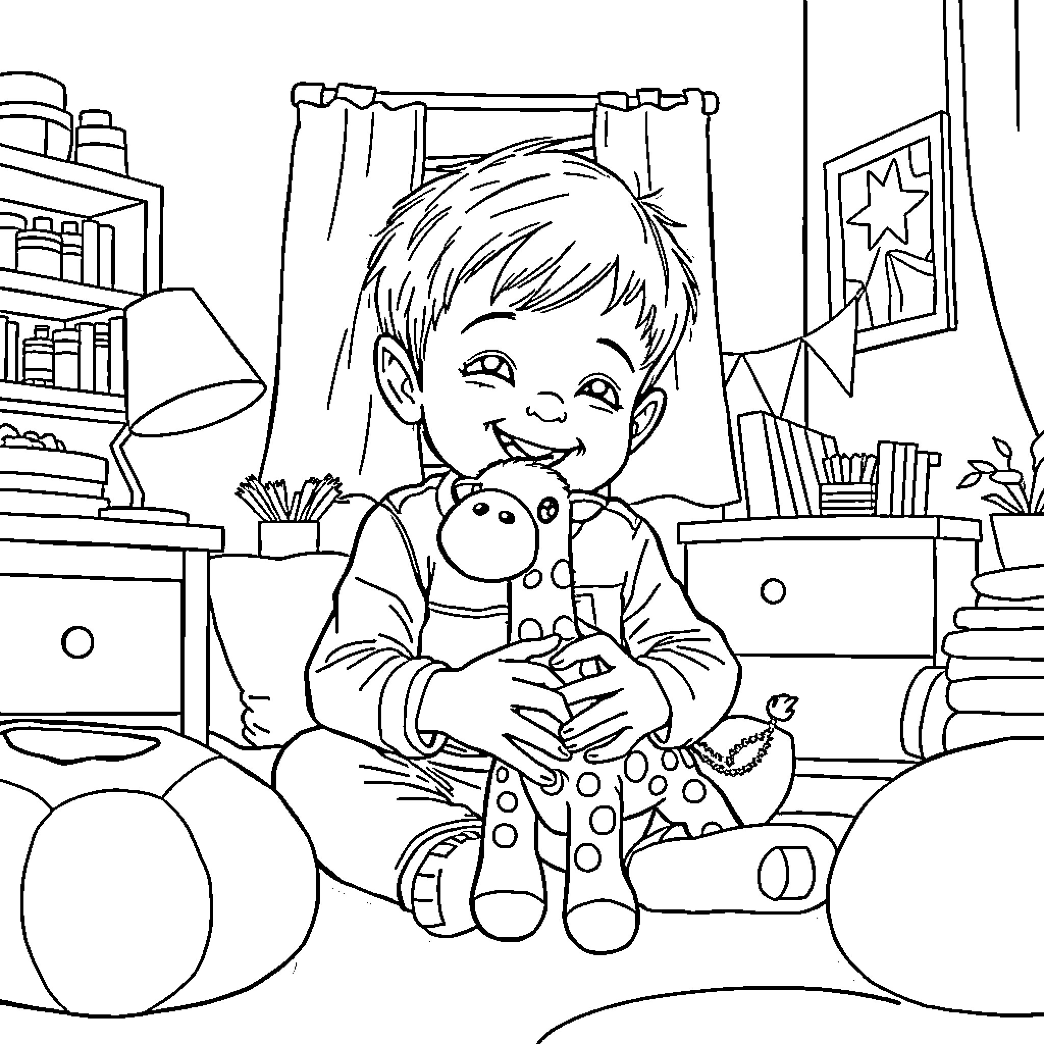 Boy playing joyfully with plush toys in his room Coloring Page (free black-and-white line drawing printable PDF for all, from beginners to advanced learners, including children, teens, adults, and seniors)