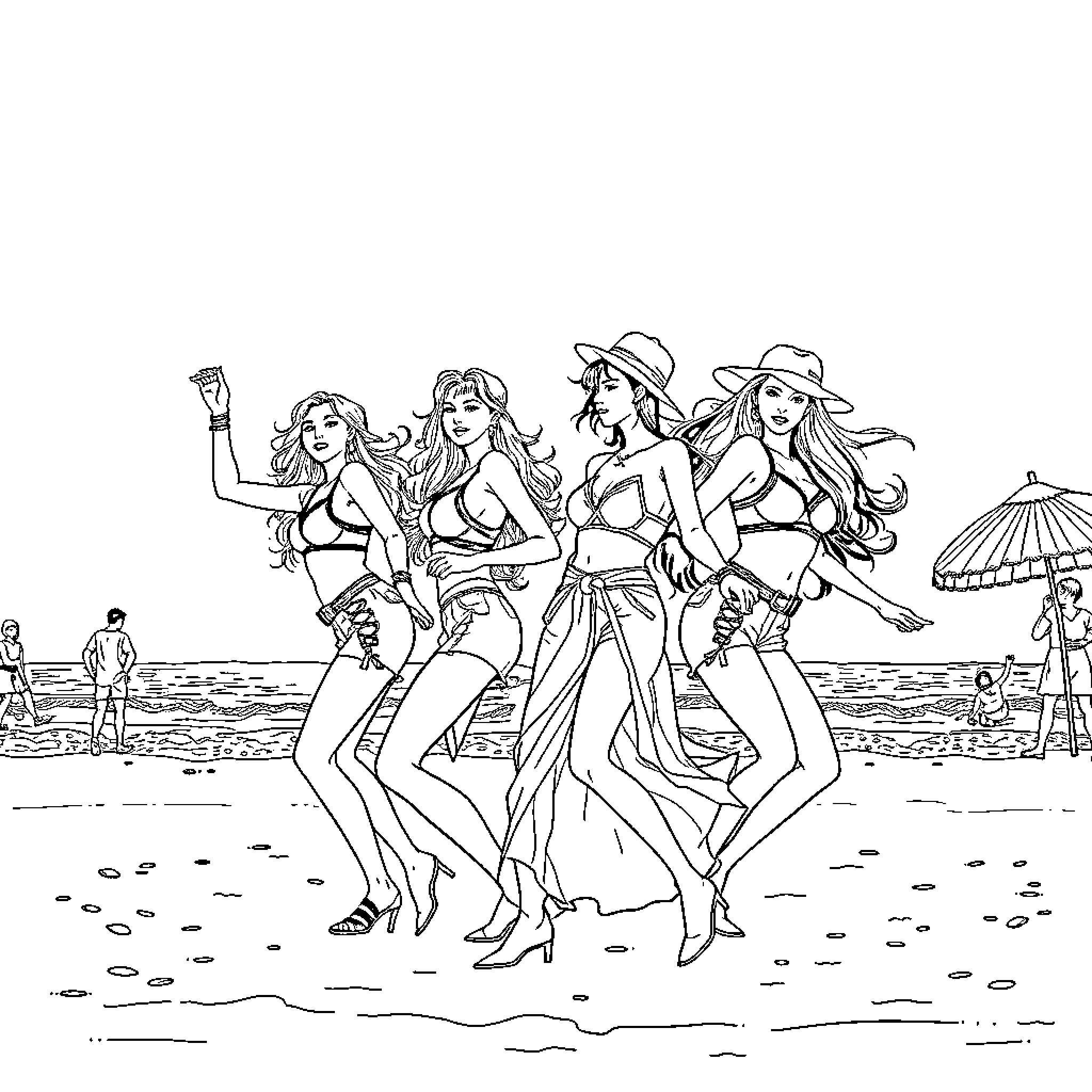 Guerrera Fighters Dancing on the Beach Coloring Page (free black-and-white line drawing printable PDF for all, from beginners to advanced learners, including children, teens, adults, and seniors)