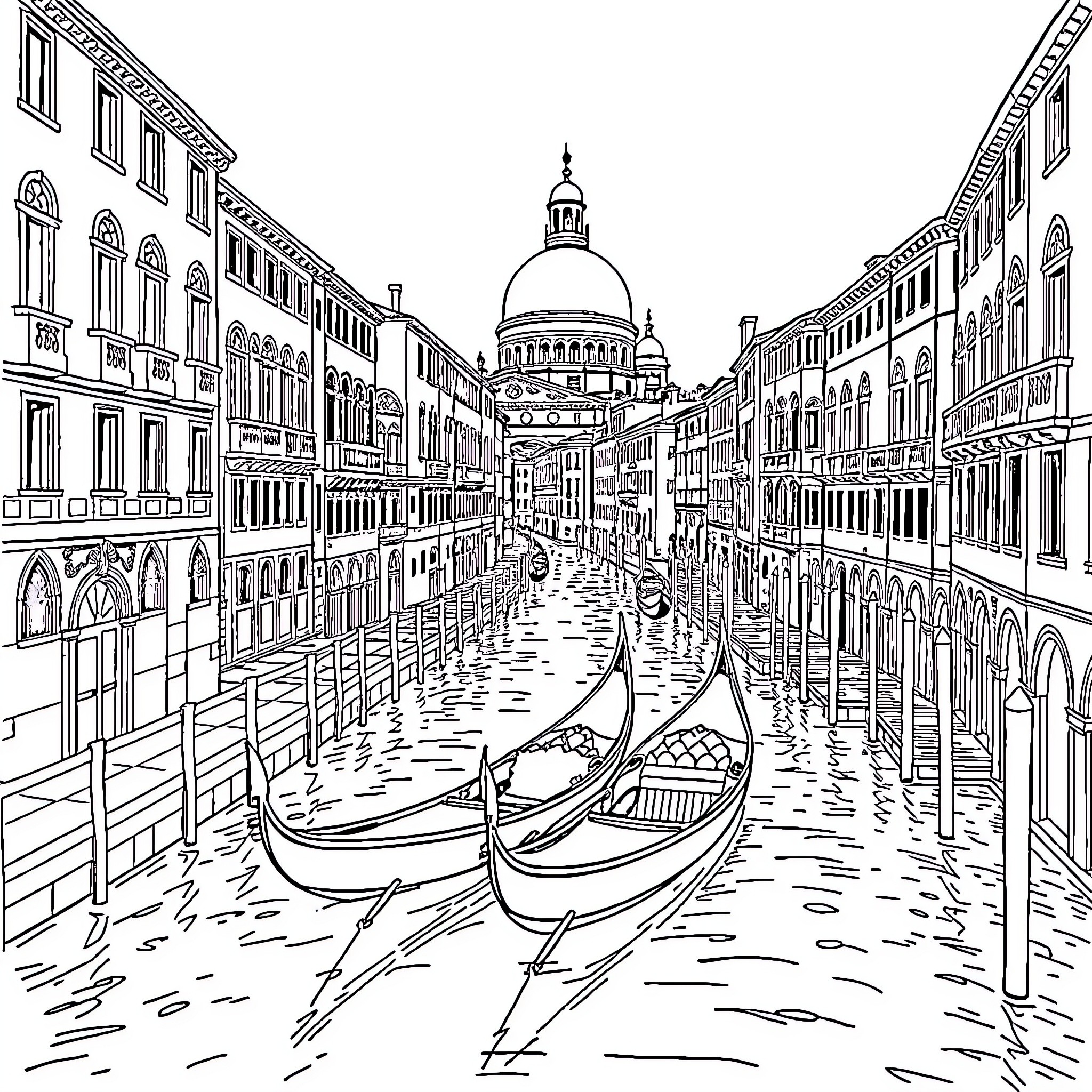 Venice: Gondolas Gliding Through Historic Canals Coloring Page (free black-and-white line drawing printable PDF for all, from beginners to advanced learners, including children, teens, adults, and seniors)