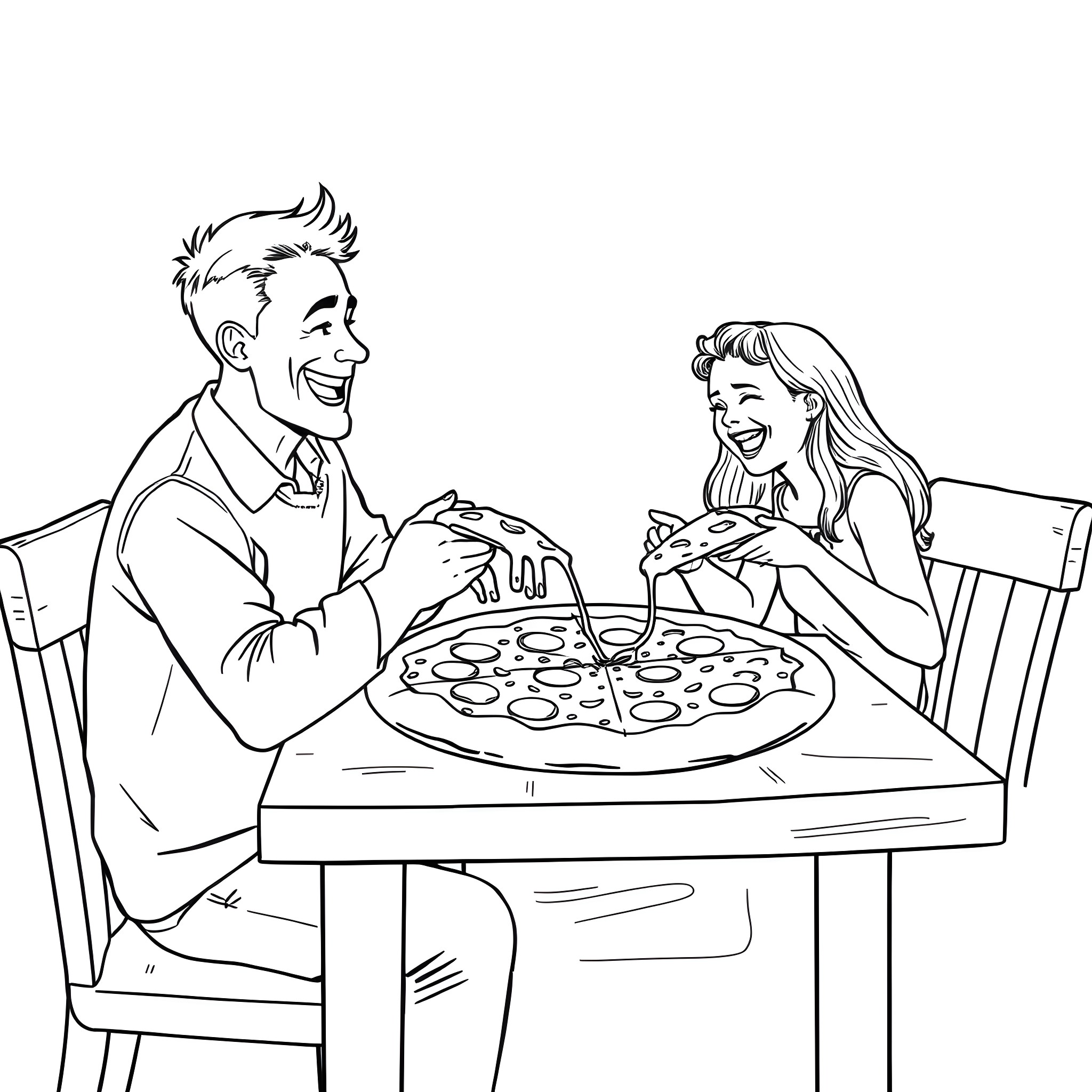 Father Daughter Enjoying Pizza Together Coloring Page (free black-and-white line drawing printable PDF for all, from beginners to advanced learners, including children, teens, adults, and seniors)