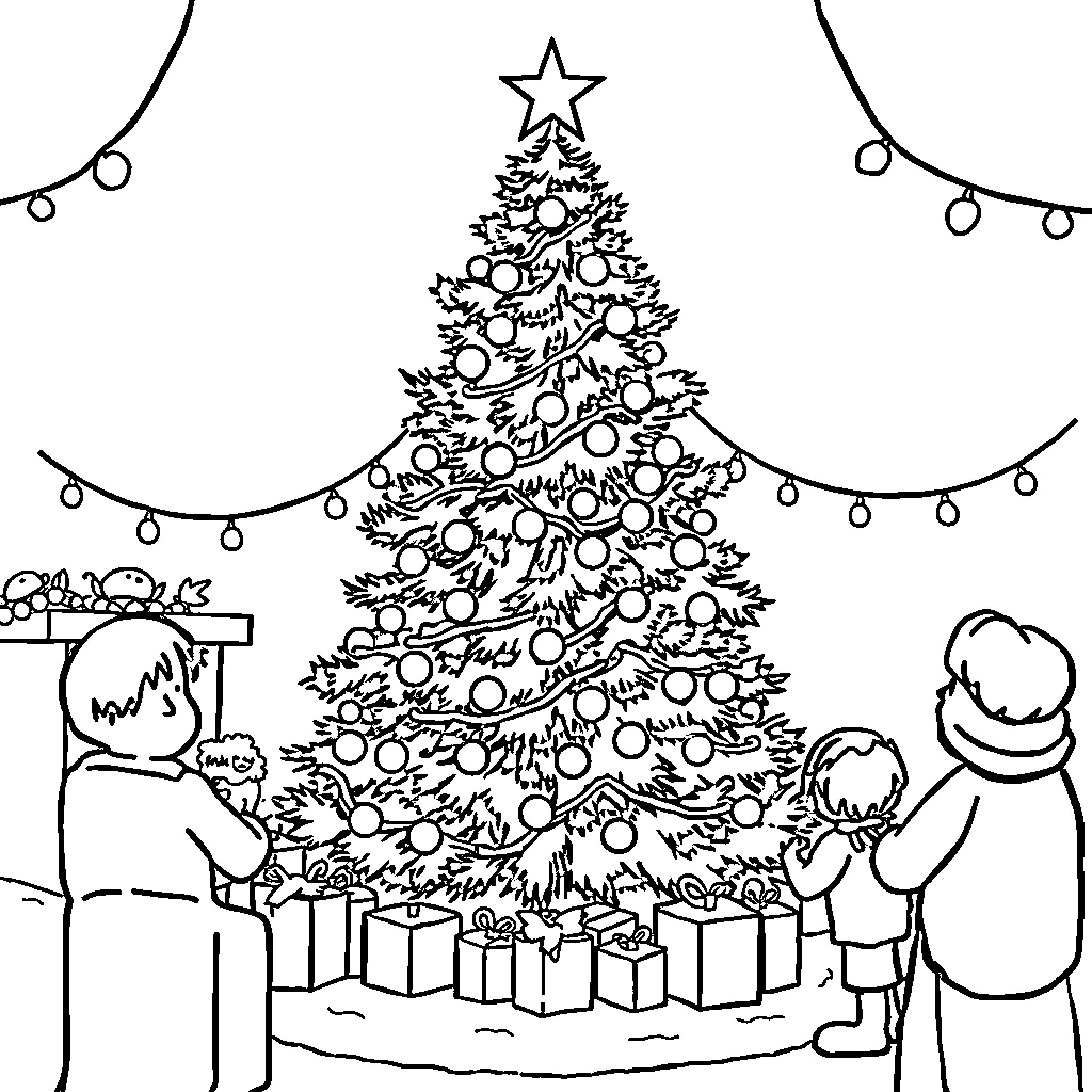 Christmas Celebration with Decorated Tree and Figures Coloring Page (free black-and-white line drawing printable PDF for all, from beginners to advanced learners, including children, teens, adults, and seniors)